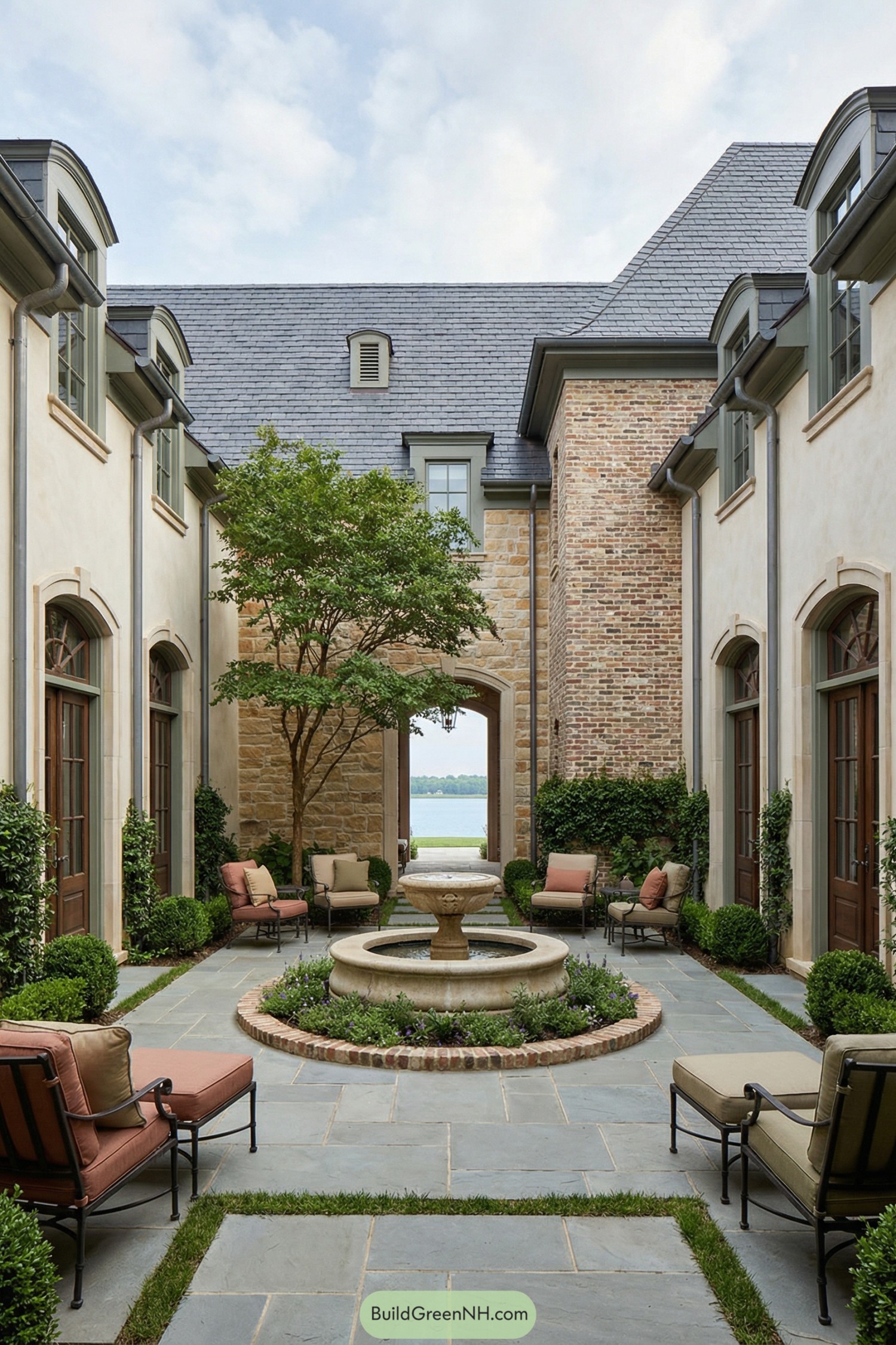 Stone courtyard with fountain seating and lake view