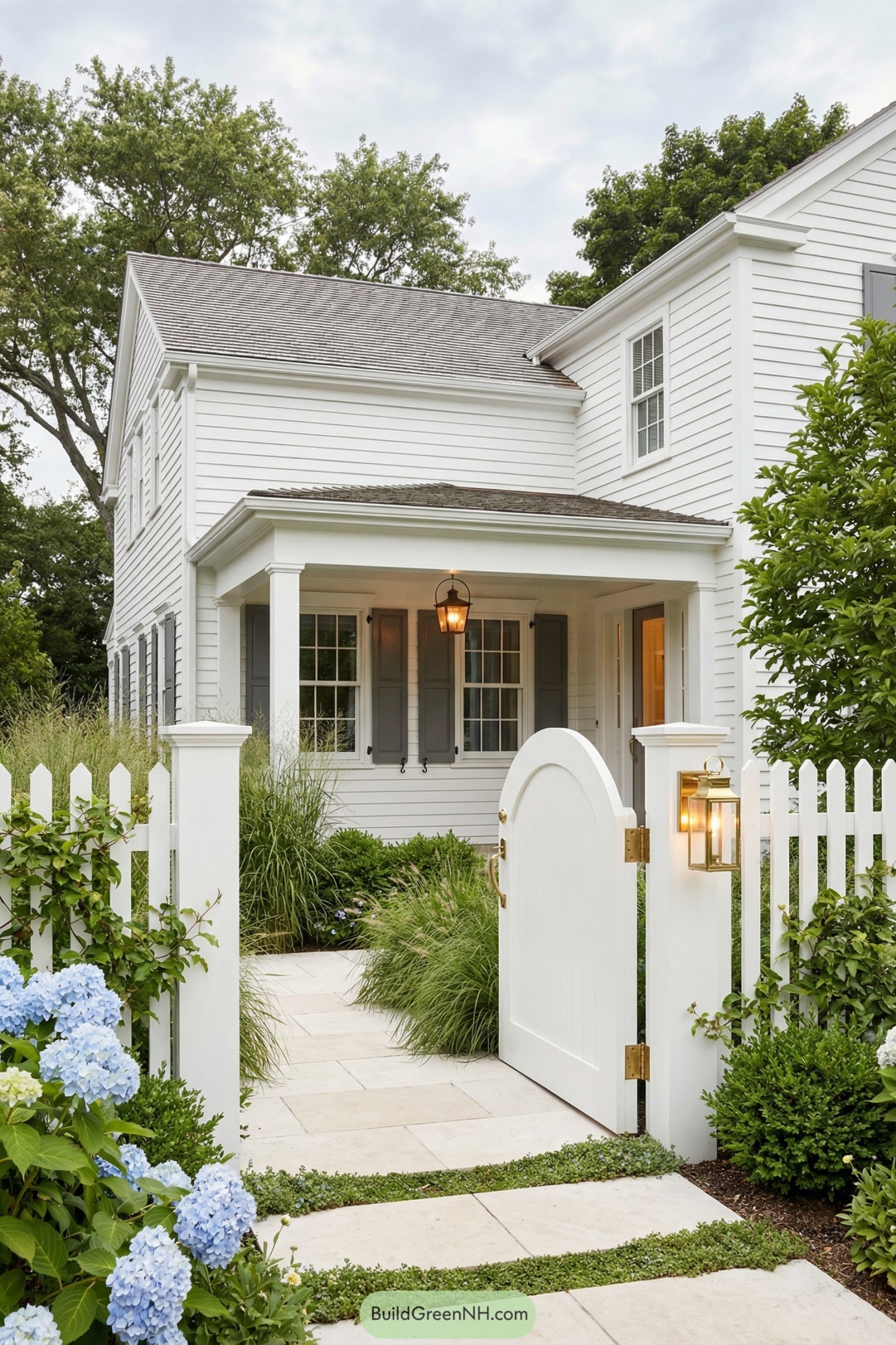 White clapboard house entry with curved white gate, stone path, and lush cottage-style plantings