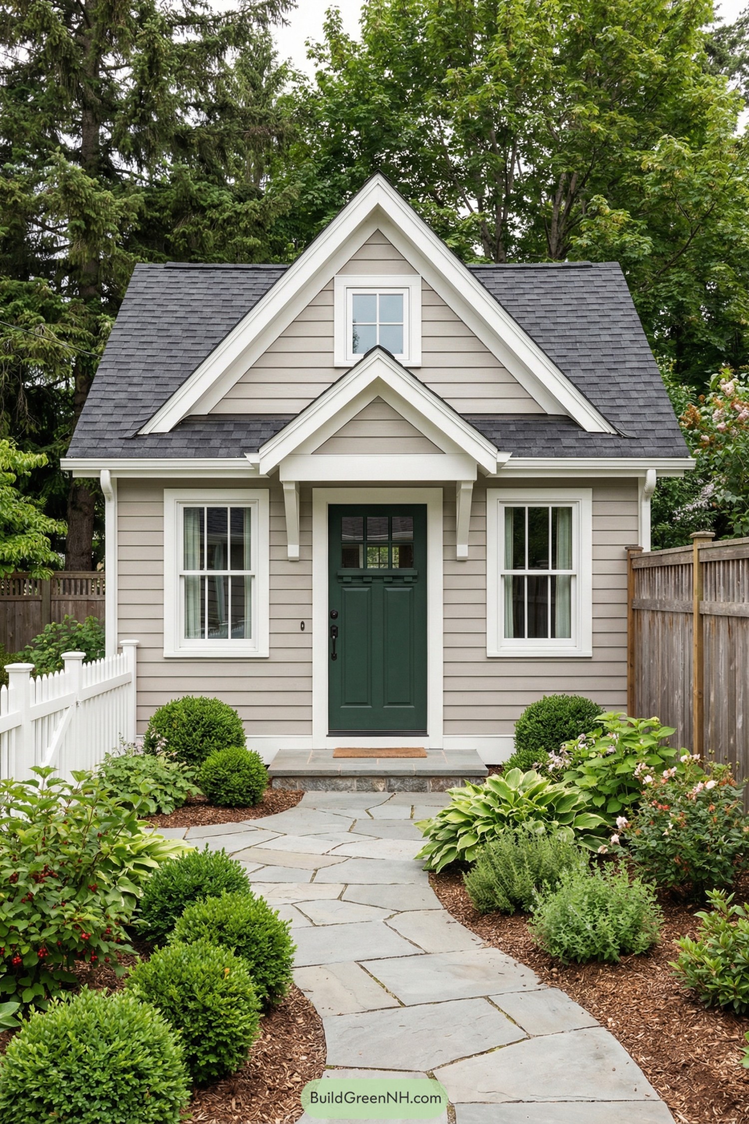 Small cottage-style front yard with a curving stone path, lush shrubs, and a green front door framed by white trim