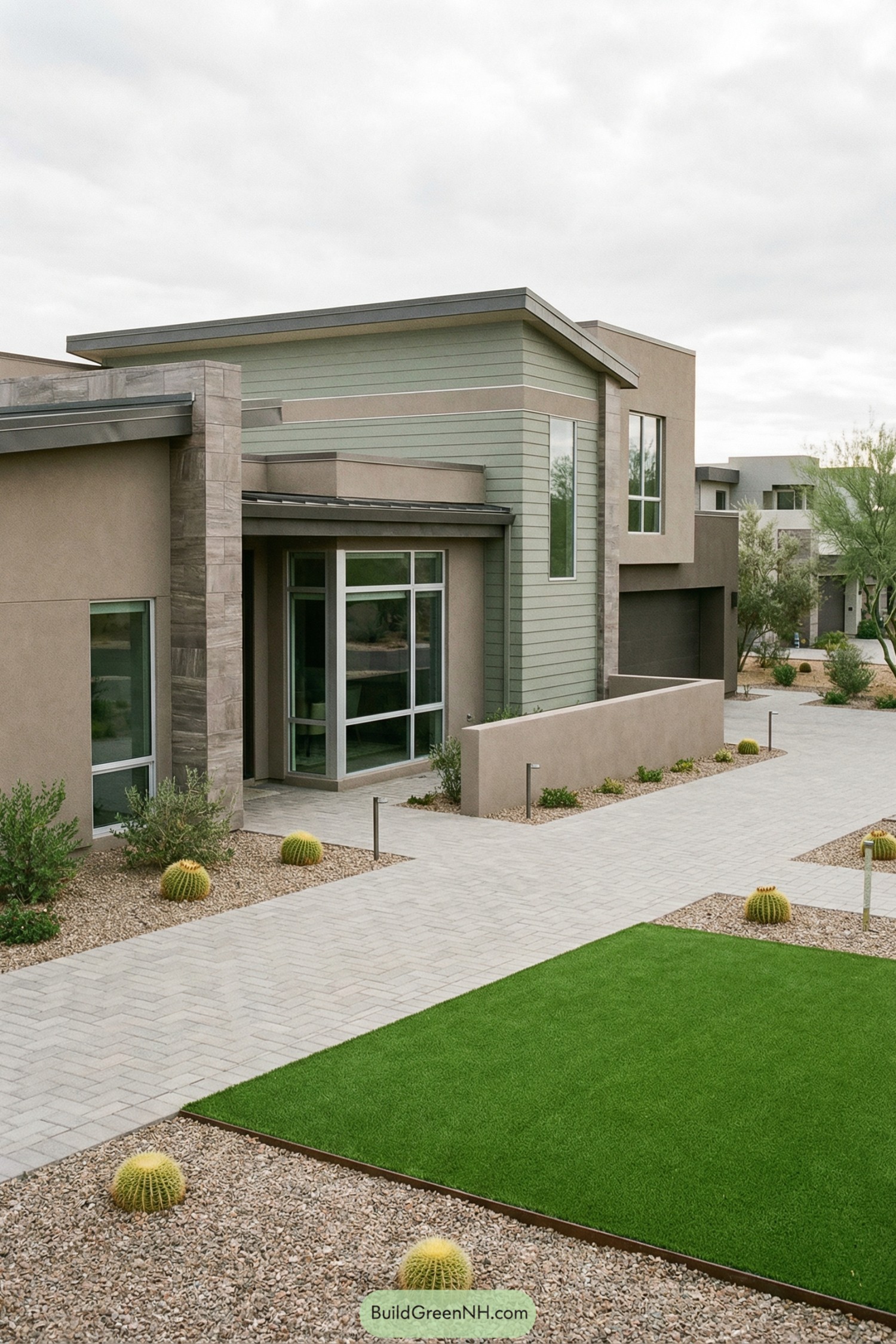 Contemporary front courtyard with gravel, cacti, and a neat artificial lawn beside a modern home