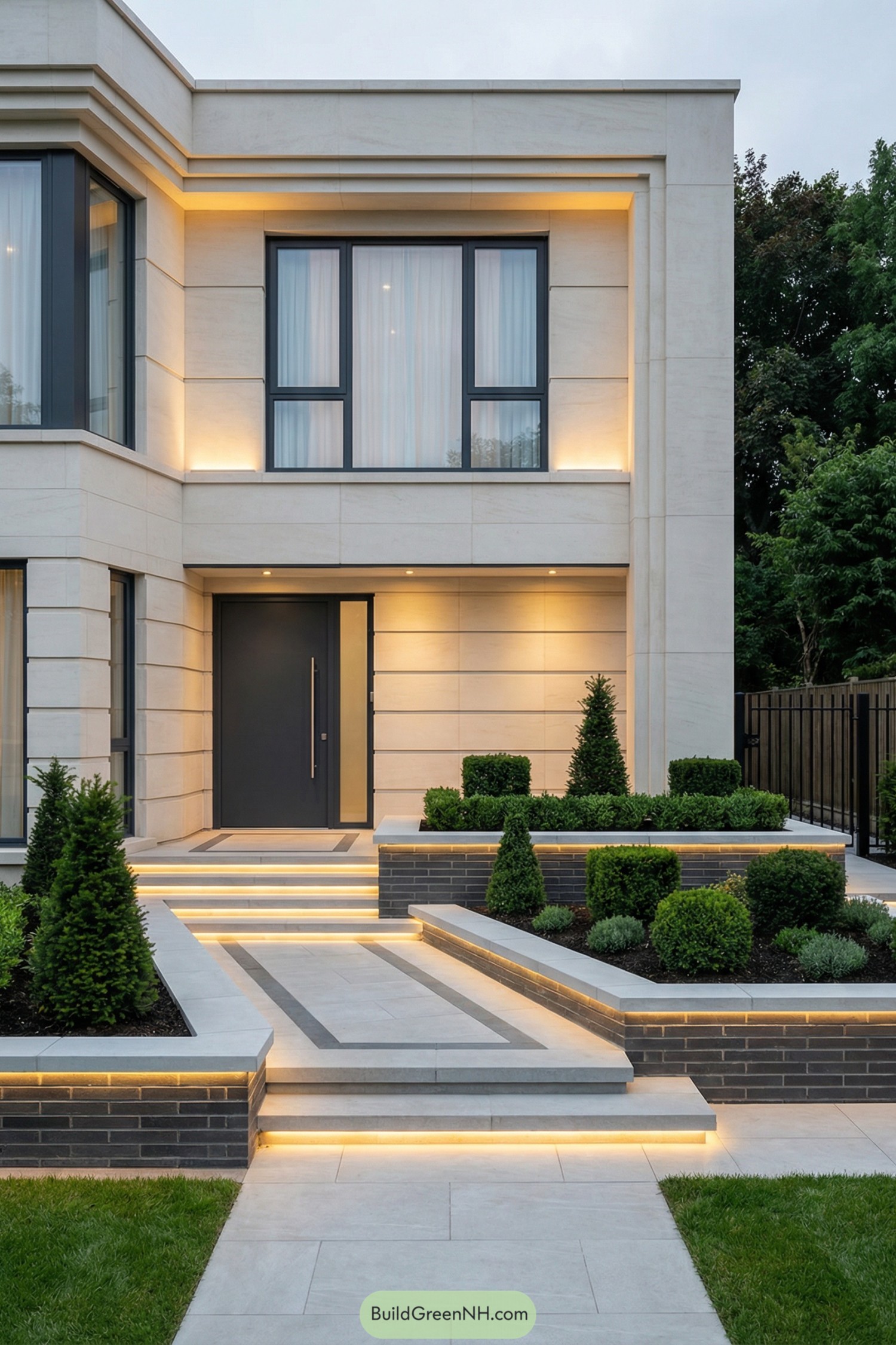 Modern front courtyard with layered planters, steps, and warm linear lighting