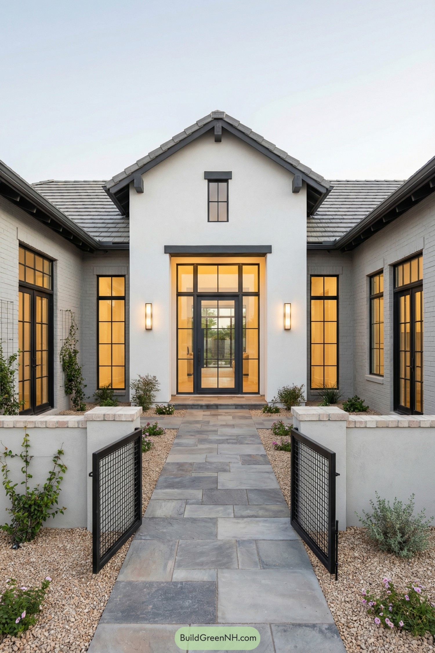 Front courtyard with stone path, low walls, and tall black-framed glass entry door