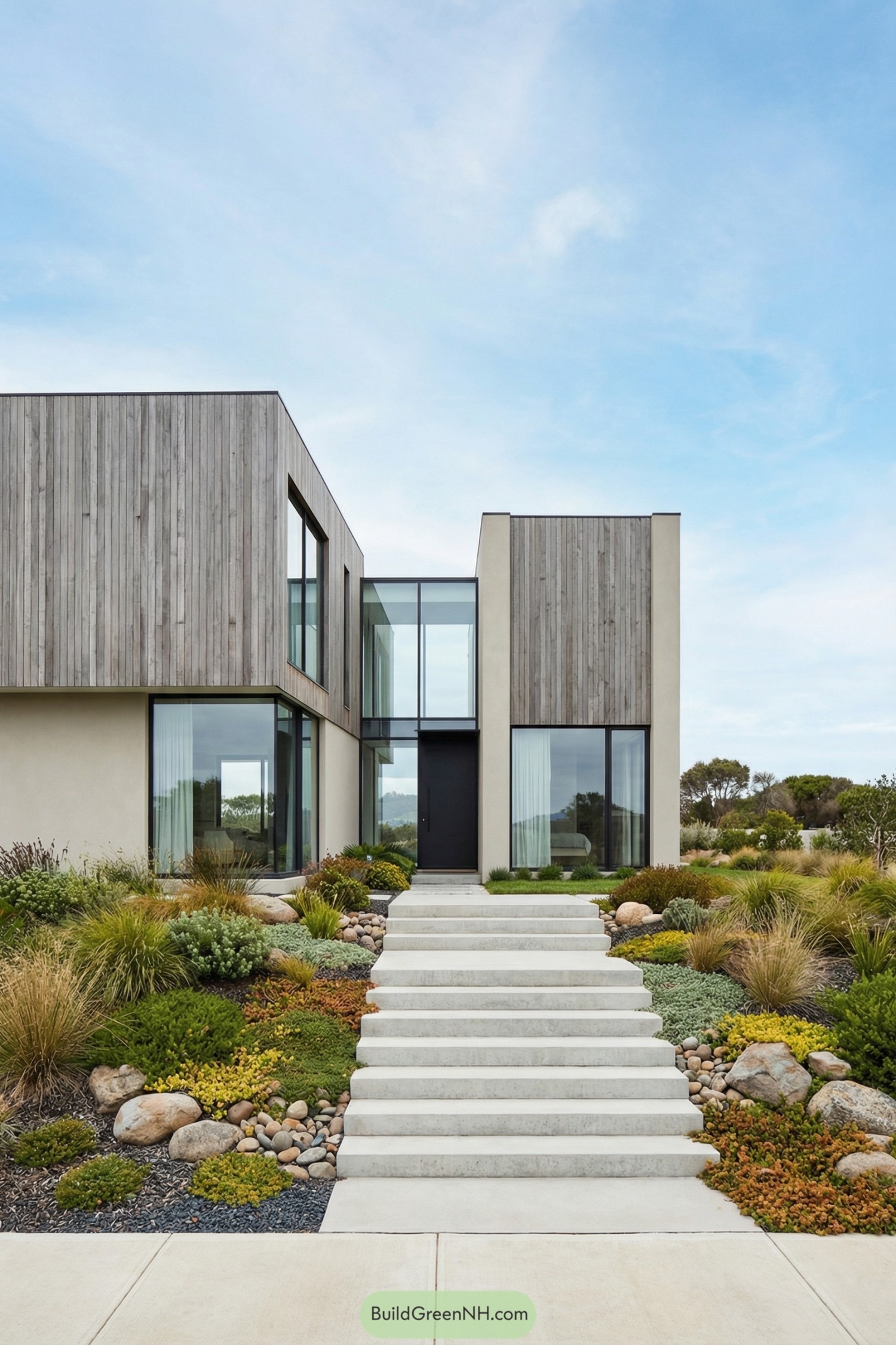 Modern house entry with tiered concrete steps, native grasses, and large glass panels