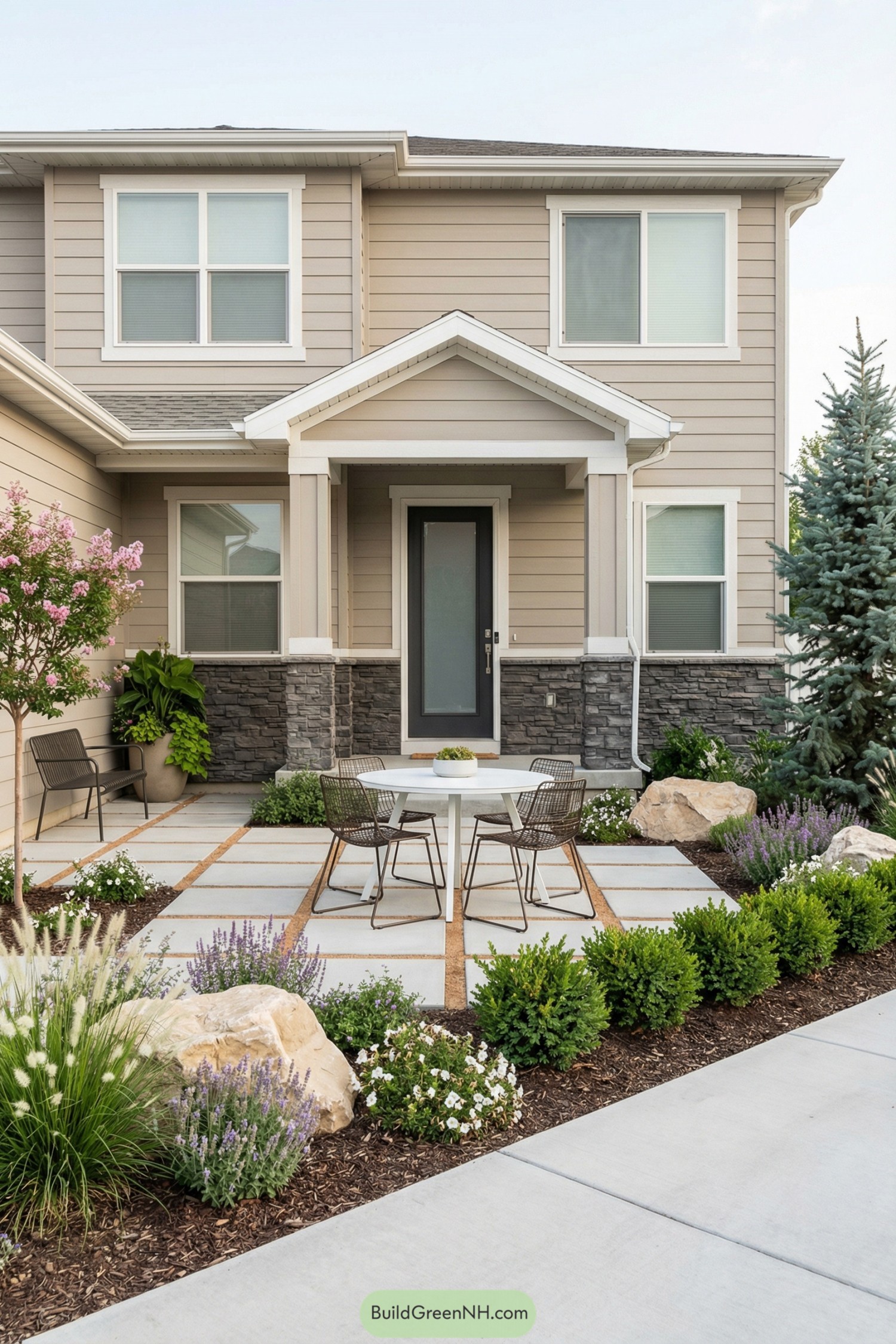high-res photo of front courtyard, contemporary suburban facade with simple clean lines, beige horizontal lap siding on upper walls and dark gray stacked-stone veneer on lower half, neutral warm color palette, rectangular two-story massing with centered recessed porch and side wing leading to a white garage door with small square glass panes at top, materials include fiber-cement siding, masonry stone veneer, smooth painted trim and concrete white-framed rectangular windows with simple casings, closed shades, no shutters, moderately pitched gable roof with light gray asphalt shingles and white fascia boards, small front gable over porch supported by square columns with stone bases and smooth painted upper sections dark charcoal front door with large full-height frosted glass panel and slim frame, set on a light gray concrete porch slab, minimalist metal bench seating on a side patio near the entrance, large planter with green foliage beside the doorway foreground outdoor area with a rectilinear courtyard patio made of large light-gray concrete pavers laid in a grid with warm brown decomposed-granite joints, central modern outdoor dining set consisting of a small round white metal table and four thin wireframe metal chairs in a dark bronze tone lush landscaping around the patio and walkway, including low rounded boxwood shrubs, ornamental grasses with soft white plumes, clusters of flowering perennials in white and lavender tones, ground-level mulched planting beds, several large light-tan boulders placed as accents one small ornamental tree with bright green foliage and pink blossoms on the left, one taller narrow tree with dense blue-green foliage on the right, layered evergreen shrubs and ferns along the foundation, clean concrete driveway visible at the edge, overall setting in a quiet residential neighborhood with soft natural daylight and long gentle shadows real-life photo, high-resolution, architectural photography, soft lighting, cinematic composition