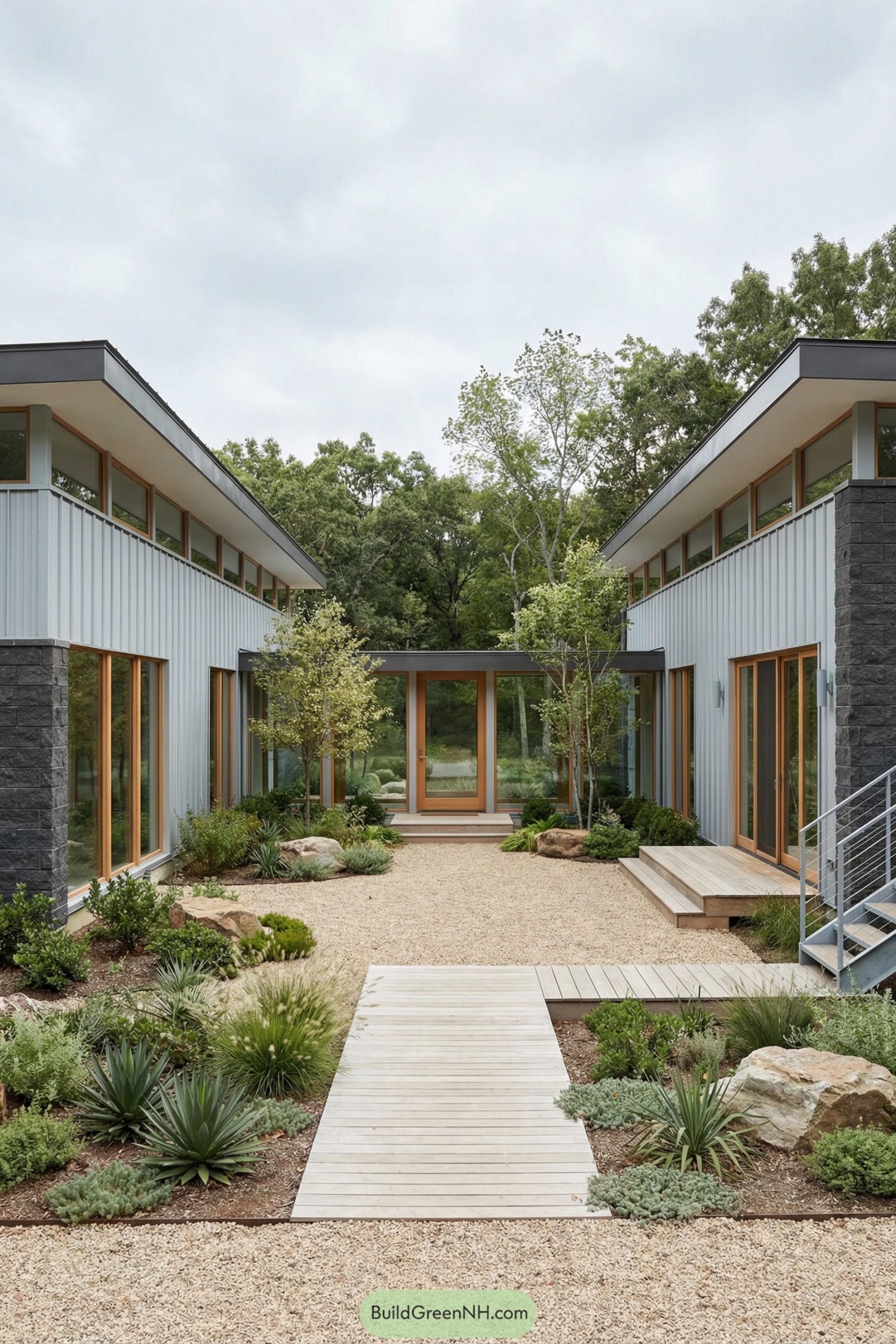 Modern courtyard between two low contemporary wings, with a pale wood boardwalk cutting through gravel and drought-tolerant plantings
