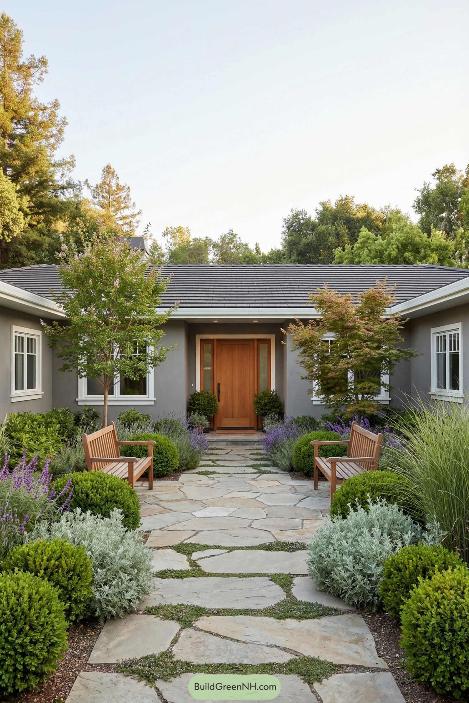 Front courtyard with flagstone walkway, benches, and lush low-maintenance planting