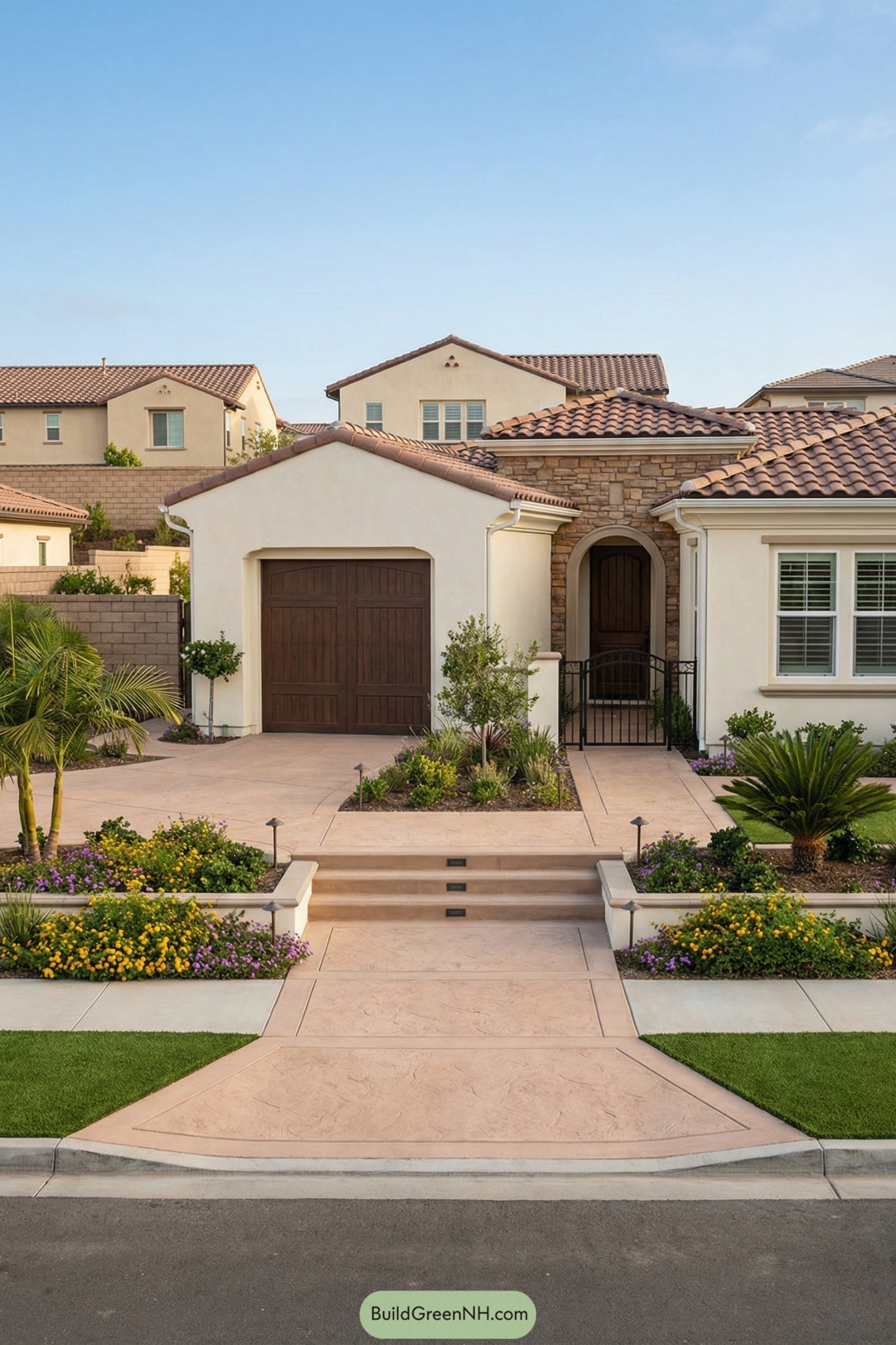 Stucco home with terracotta roof and landscaped, stepped courtyard leading to an arched front door behind a small iron gate. Symmetrical planting beds frame the wide walkway and soft-colored concrete steps from the street