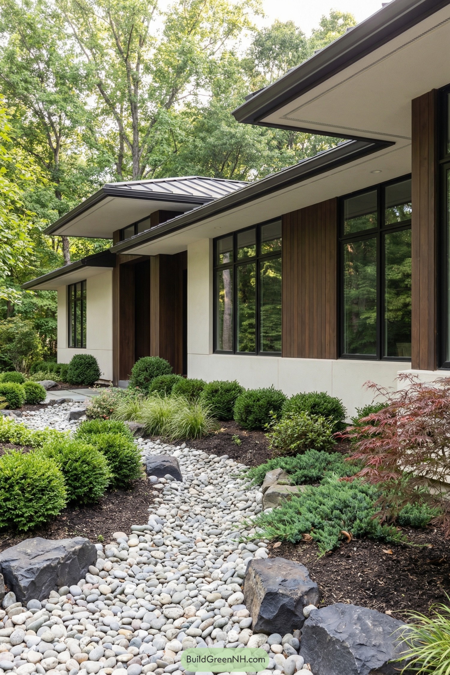 Modern house entry with dry river rock bed, shrubs, and layered wood-and-stucco façade surrounded by trees