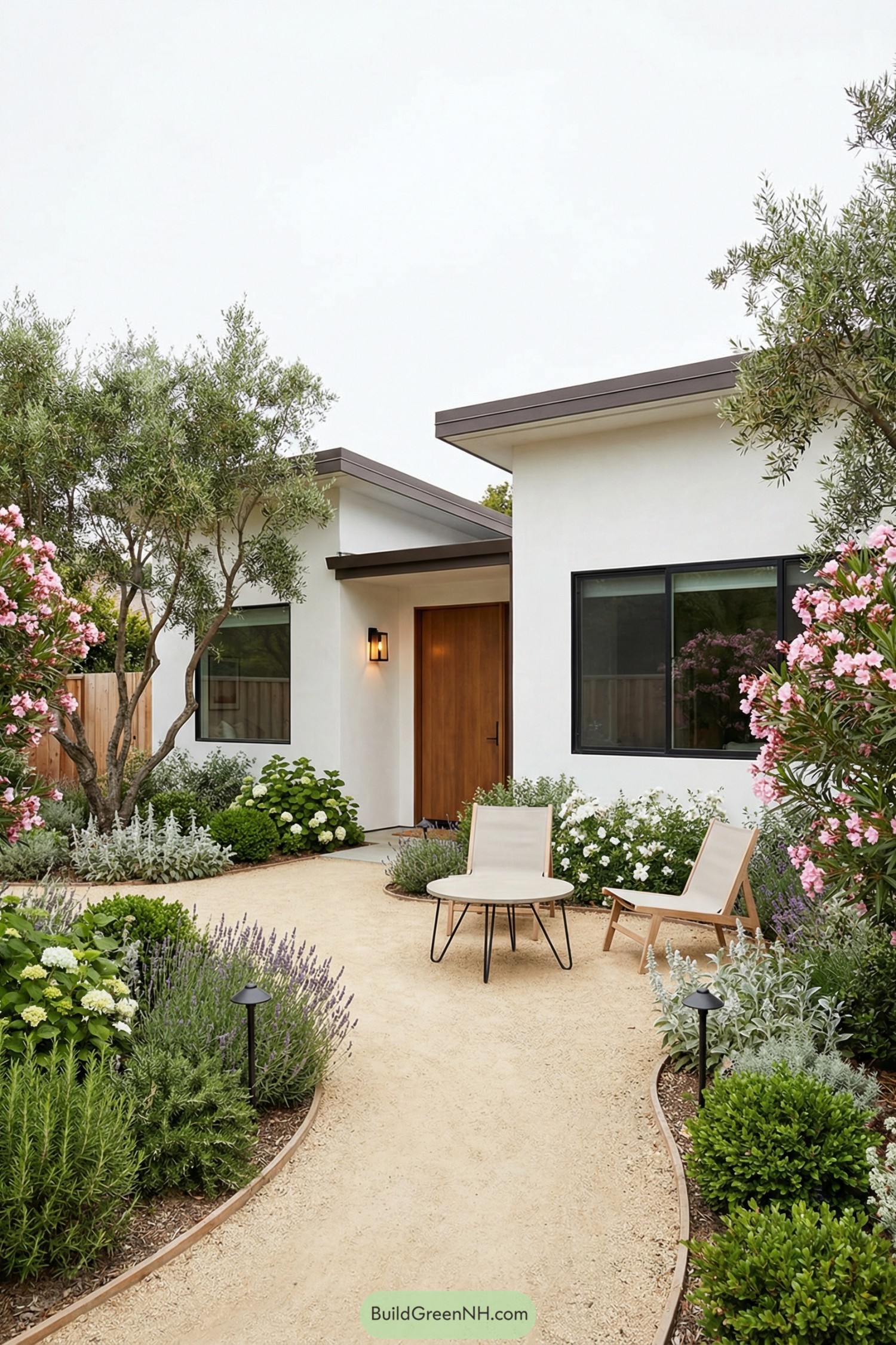 Modern front courtyard with gravel path, lush plantings, and simple lounge chairs near a warm wood entry door