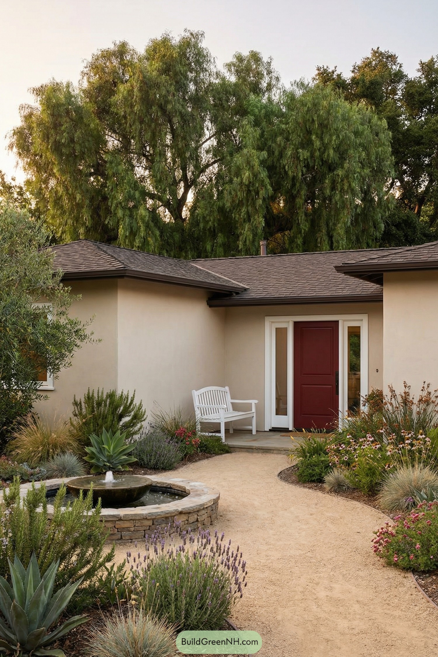 Curved gravel path courtyard with fountain, drought-tolerant planting, and red front door