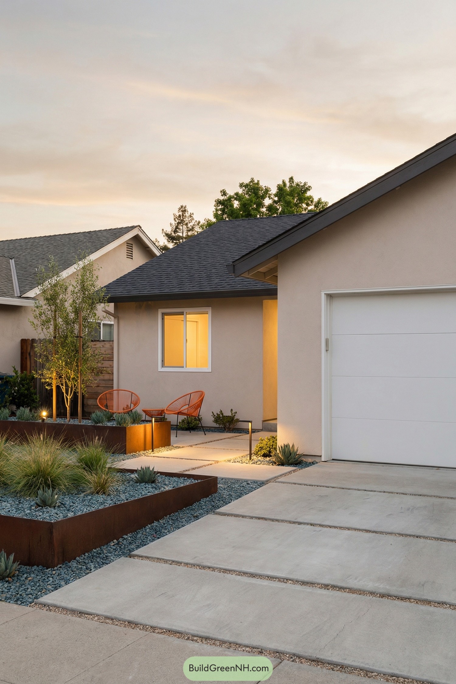 Modern front courtyard with concrete pads, gravel, and raised steel planters leading to a warm entry seating area