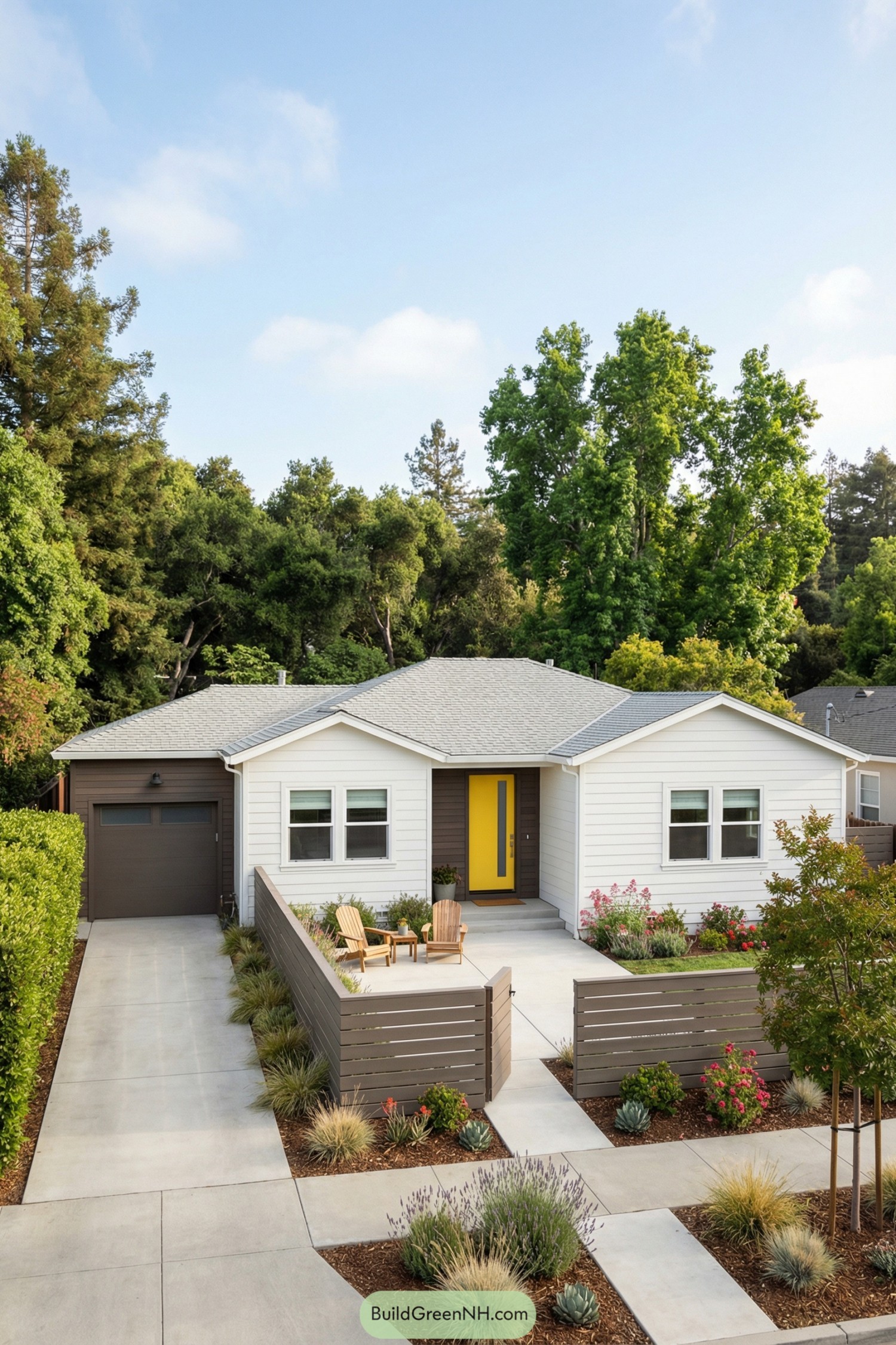 Modern single story home with fenced front patio seating and drought tolerant landscaping