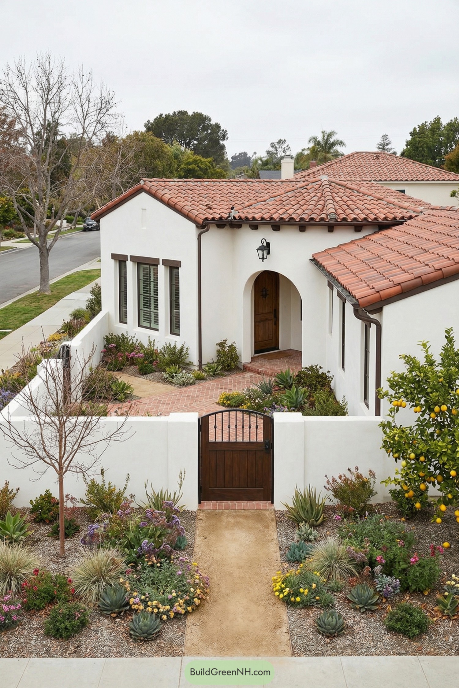 Stucco-walled front courtyard with brick path, wood gate, and lush drought-tolerant plantings