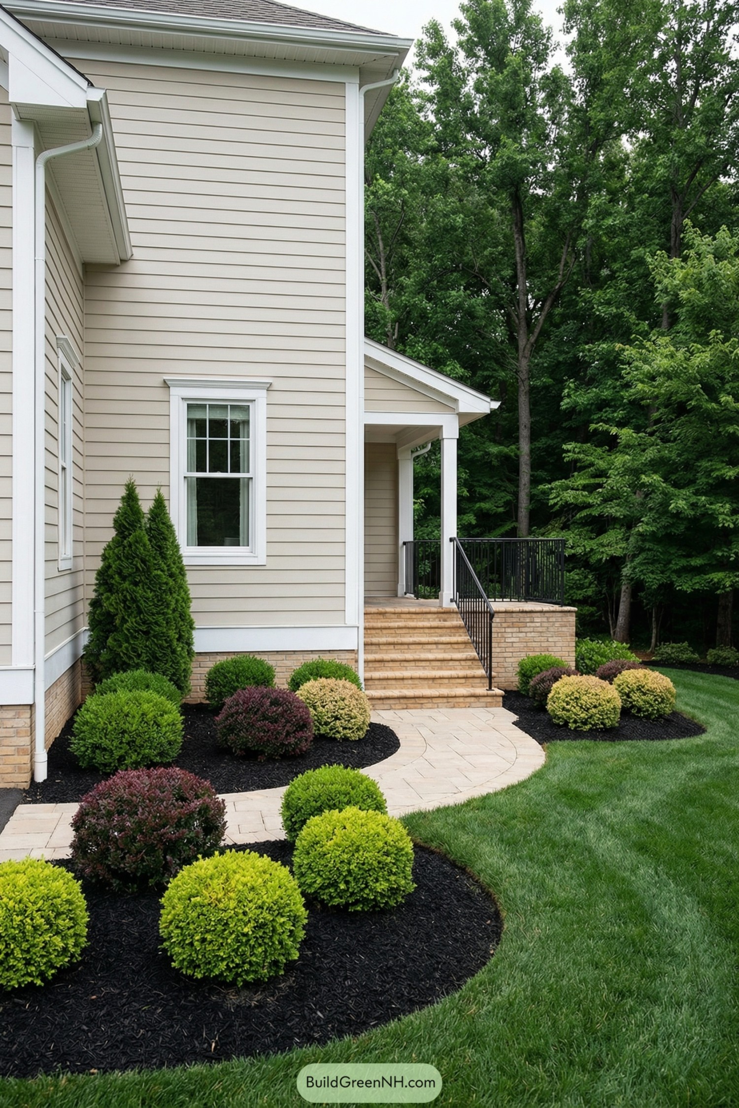 Front entry with curved paver walk and rounded shrubs