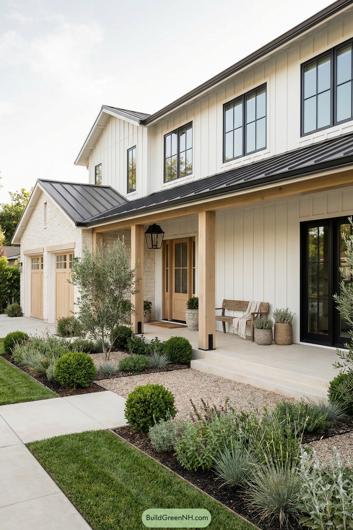 Modern farmhouse front courtyard with gravel beds, layered shrubs, and a welcoming porch bench