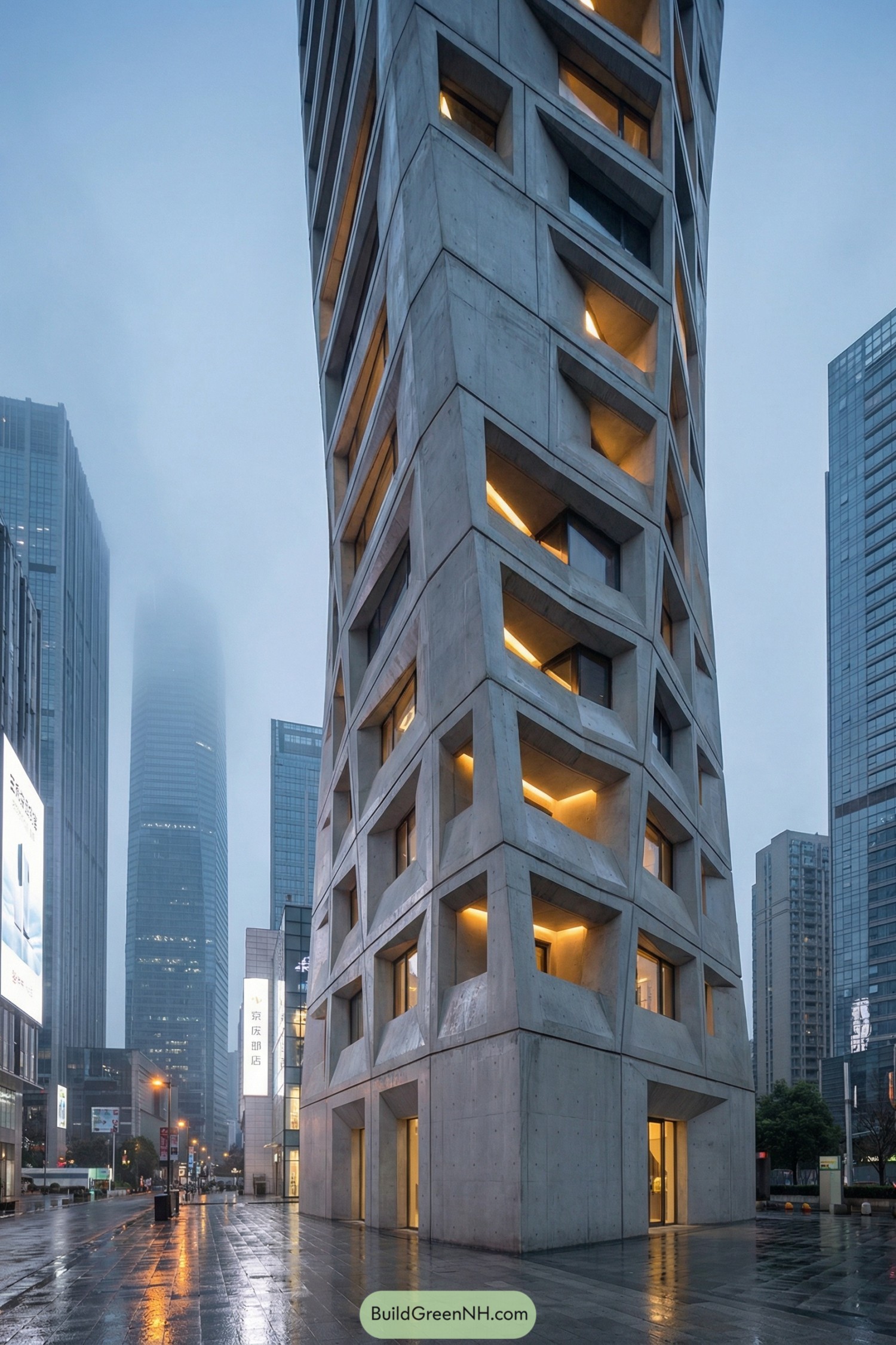 Angular concrete high rise with glowing windows