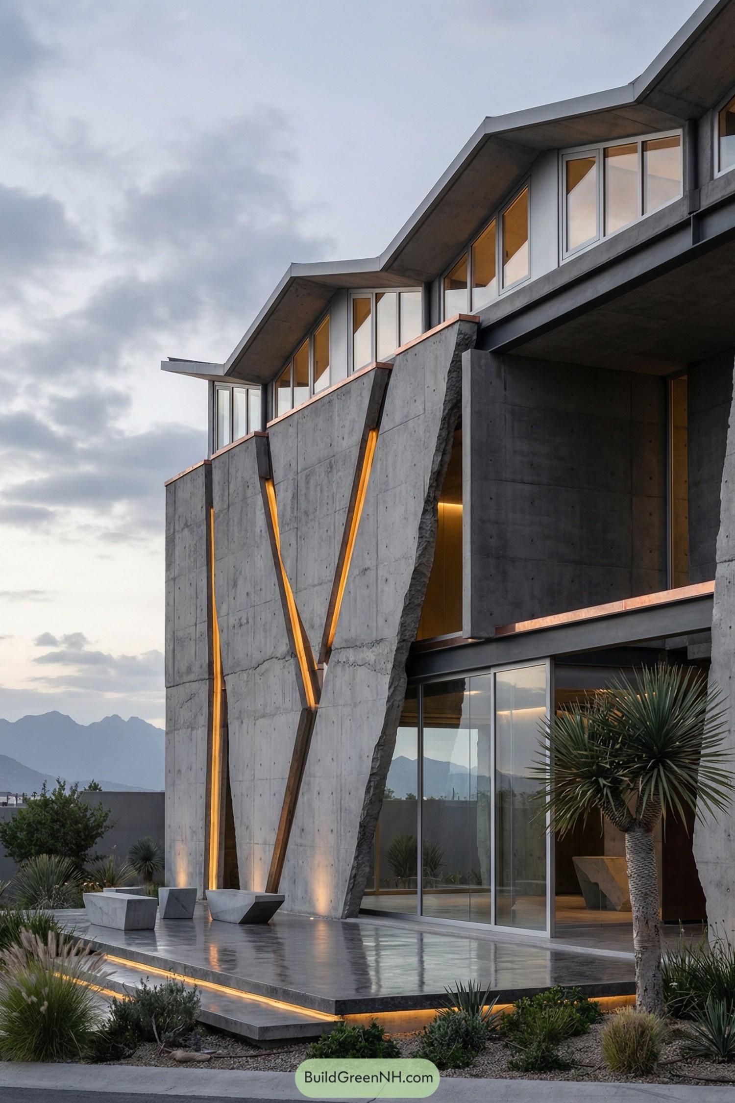 Angular concrete building with glowing vertical light slits