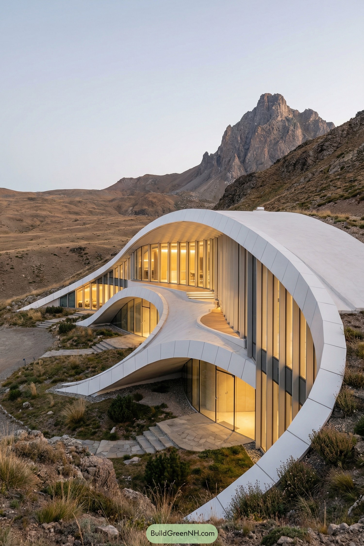 Curved white hillside building with glass façade in rocky mountains at dusk