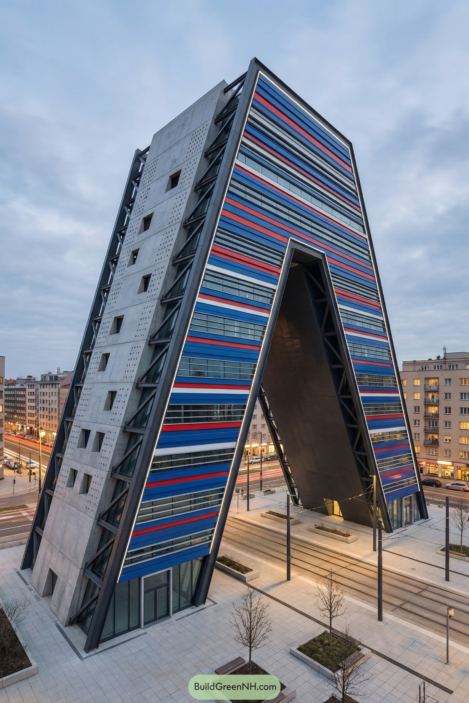 Futuristic A-frame tower with bold colored stripes arching over city tram tracks