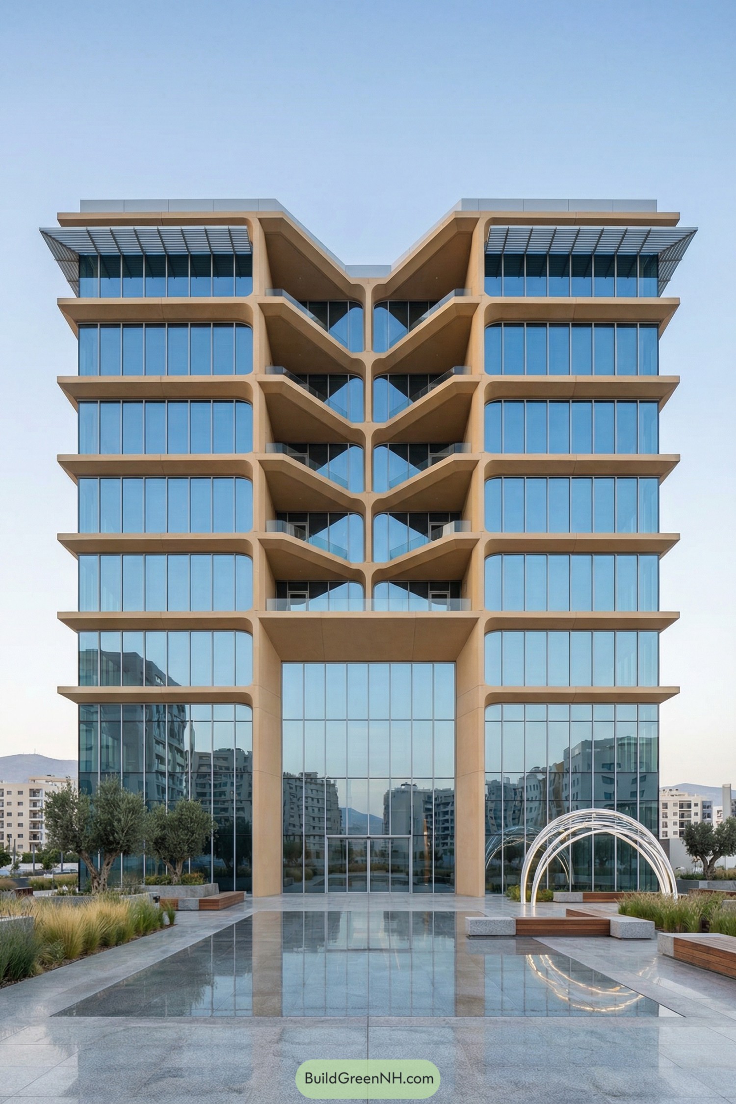 Modern glass-fronted tower with sculpted V-shaped balconies reflected in a shallow plaza pool