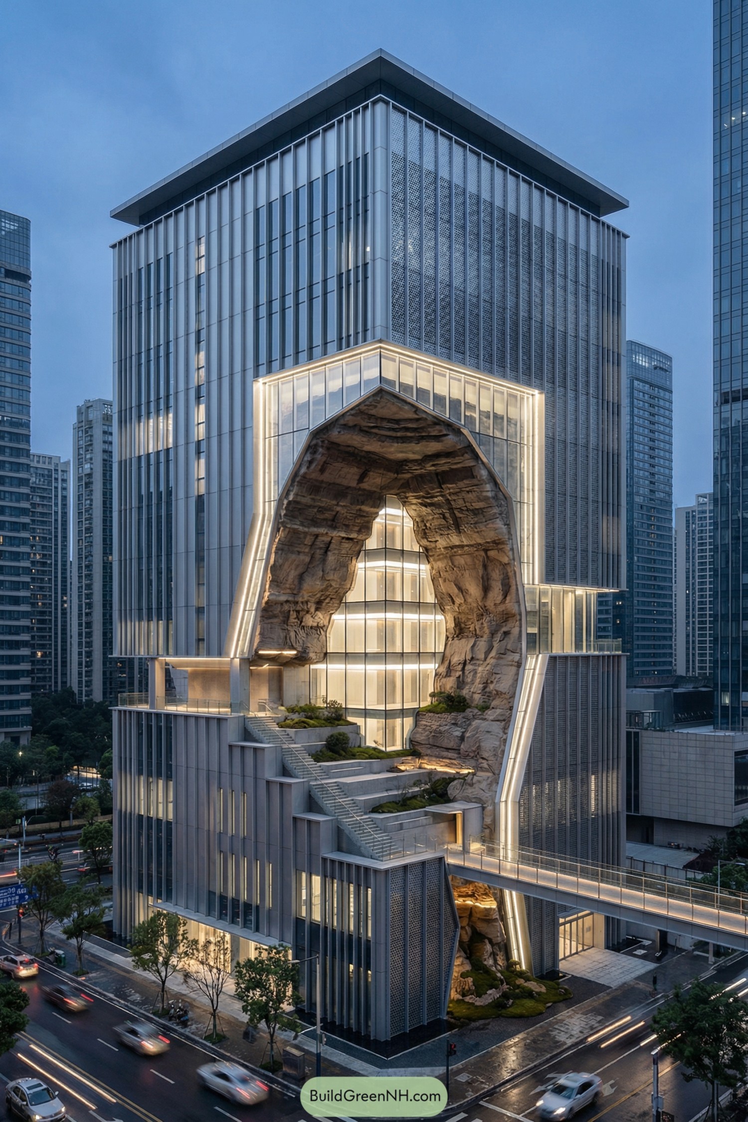 Glass office tower wrapped around illuminated hollowed rock core in dense cityscape