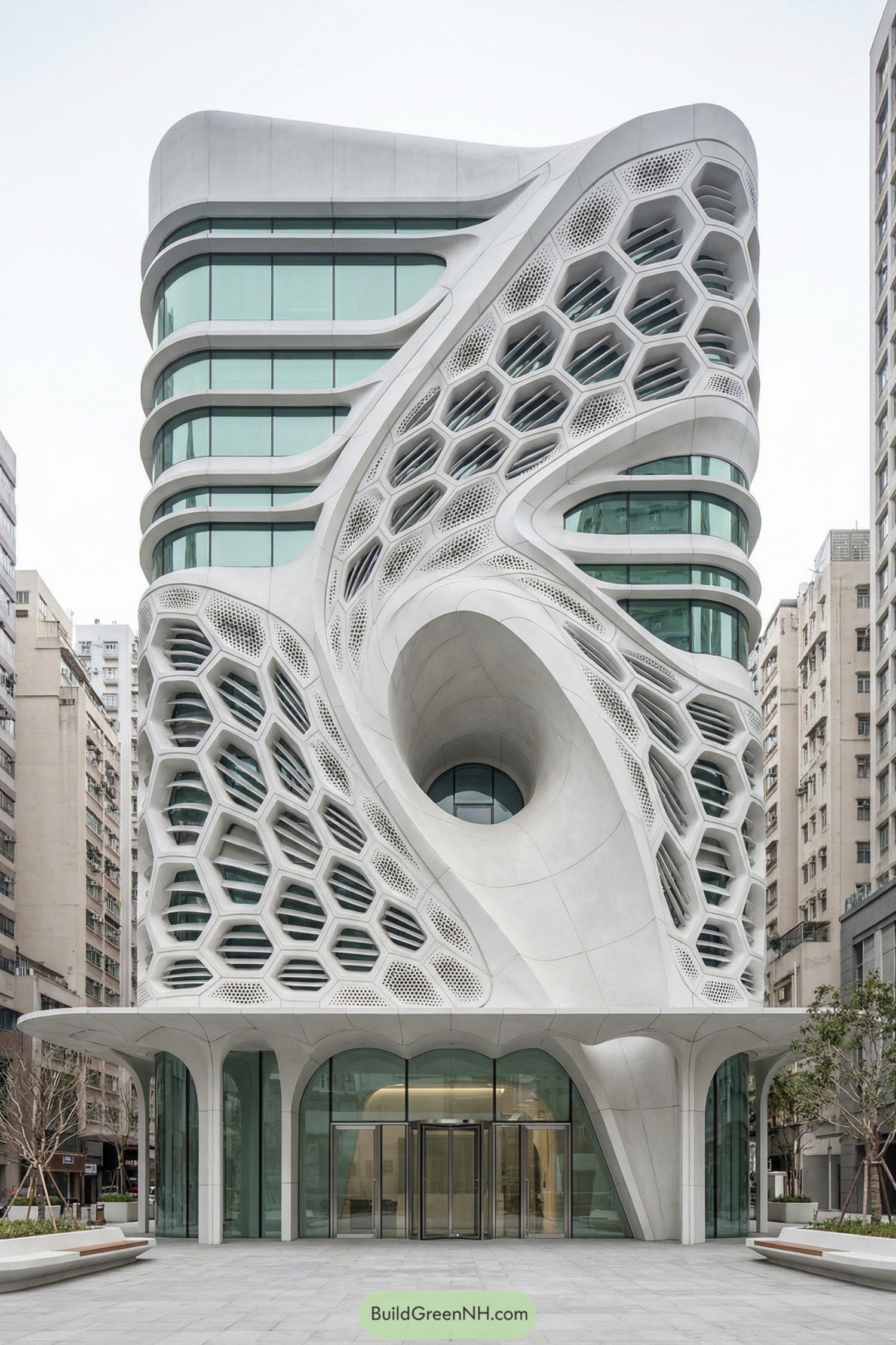 Futuristic tower with sculpted honeycomb facade and central circular void