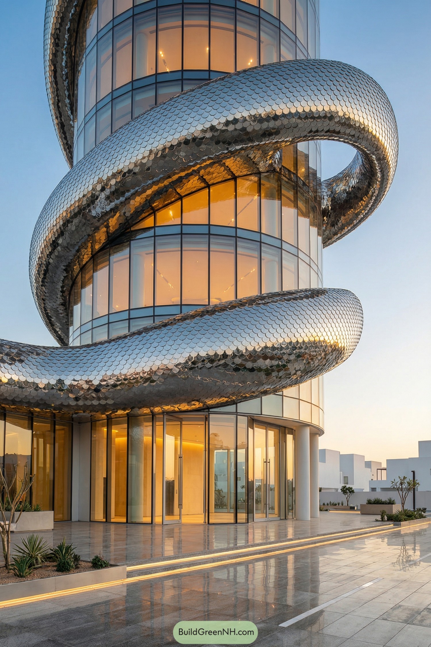 Curved glass tower wrapped by a reflective scaled metallic ribbon