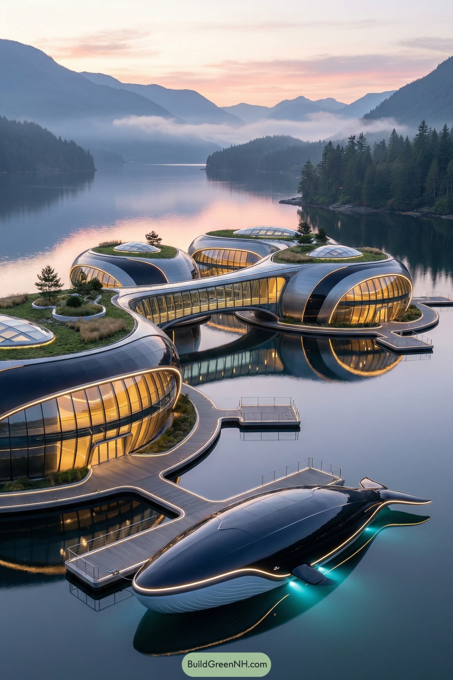 Futuristic glass pod complex floating on a serene mountain lake at dusk