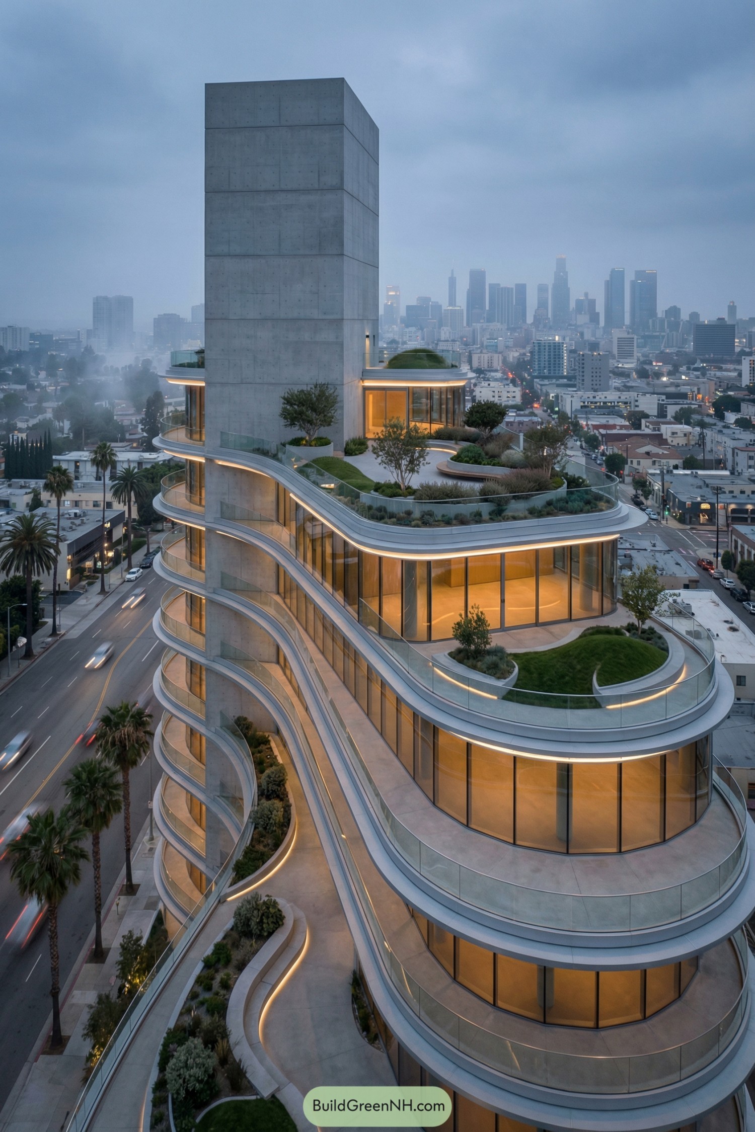 Curved multi-level glass building with rooftop gardens