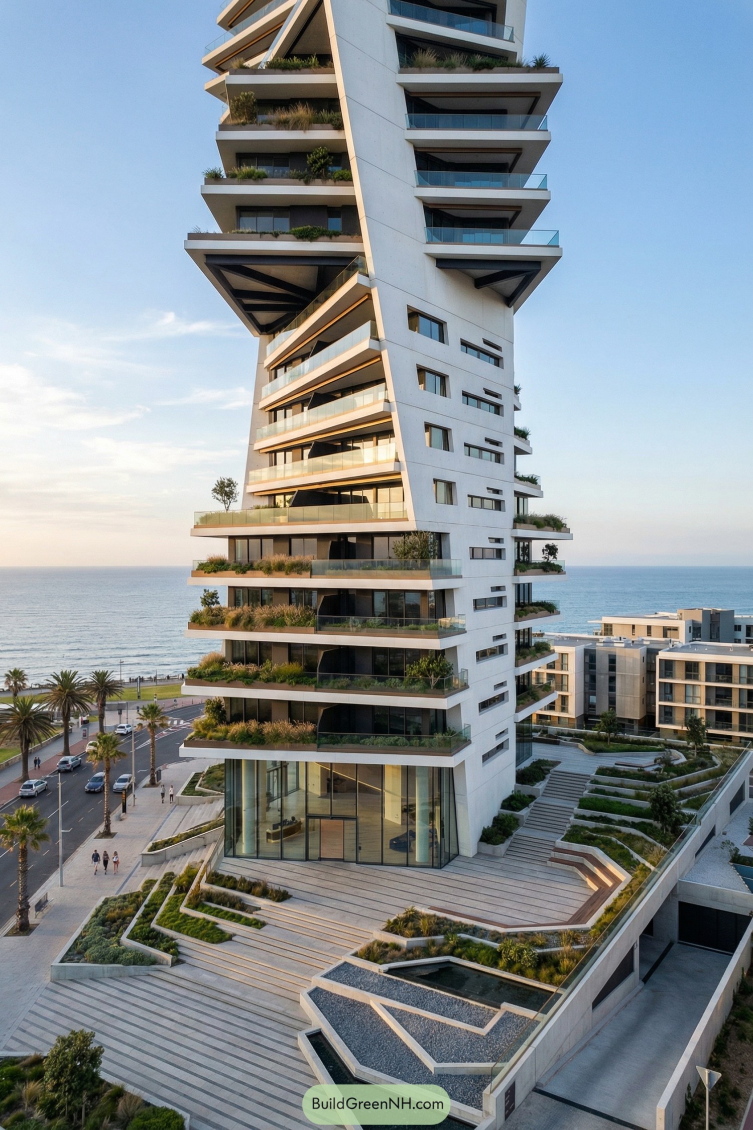 Angular seaside high-rise with layered garden terraces