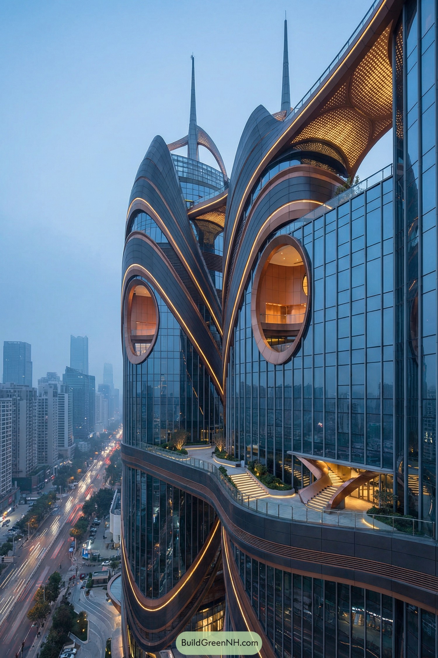 Futuristic glass tower with sweeping lit terraces and circular openings above a busy city