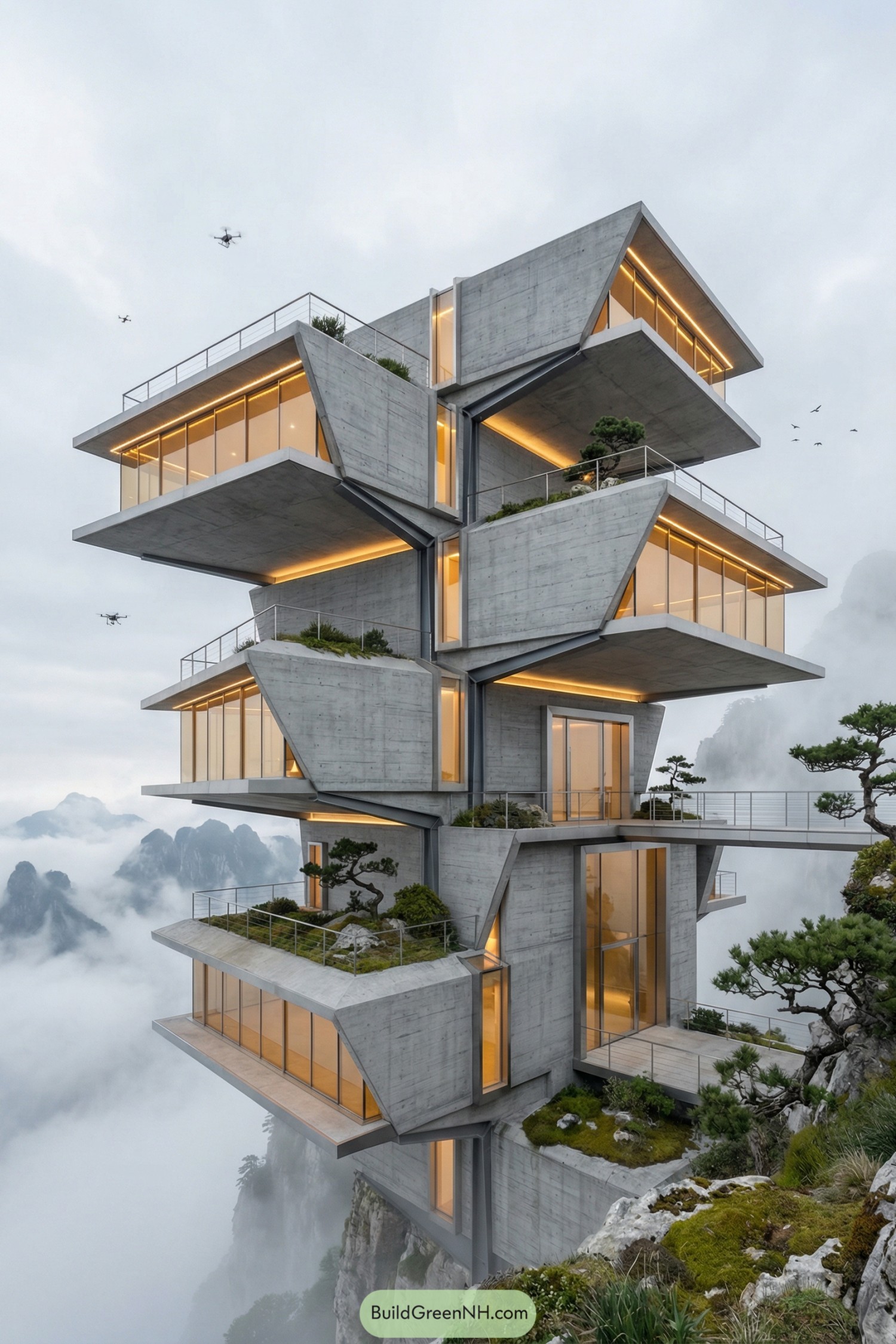 Tiered concrete cliffside tower with glass terraces and greenery rising above clouds