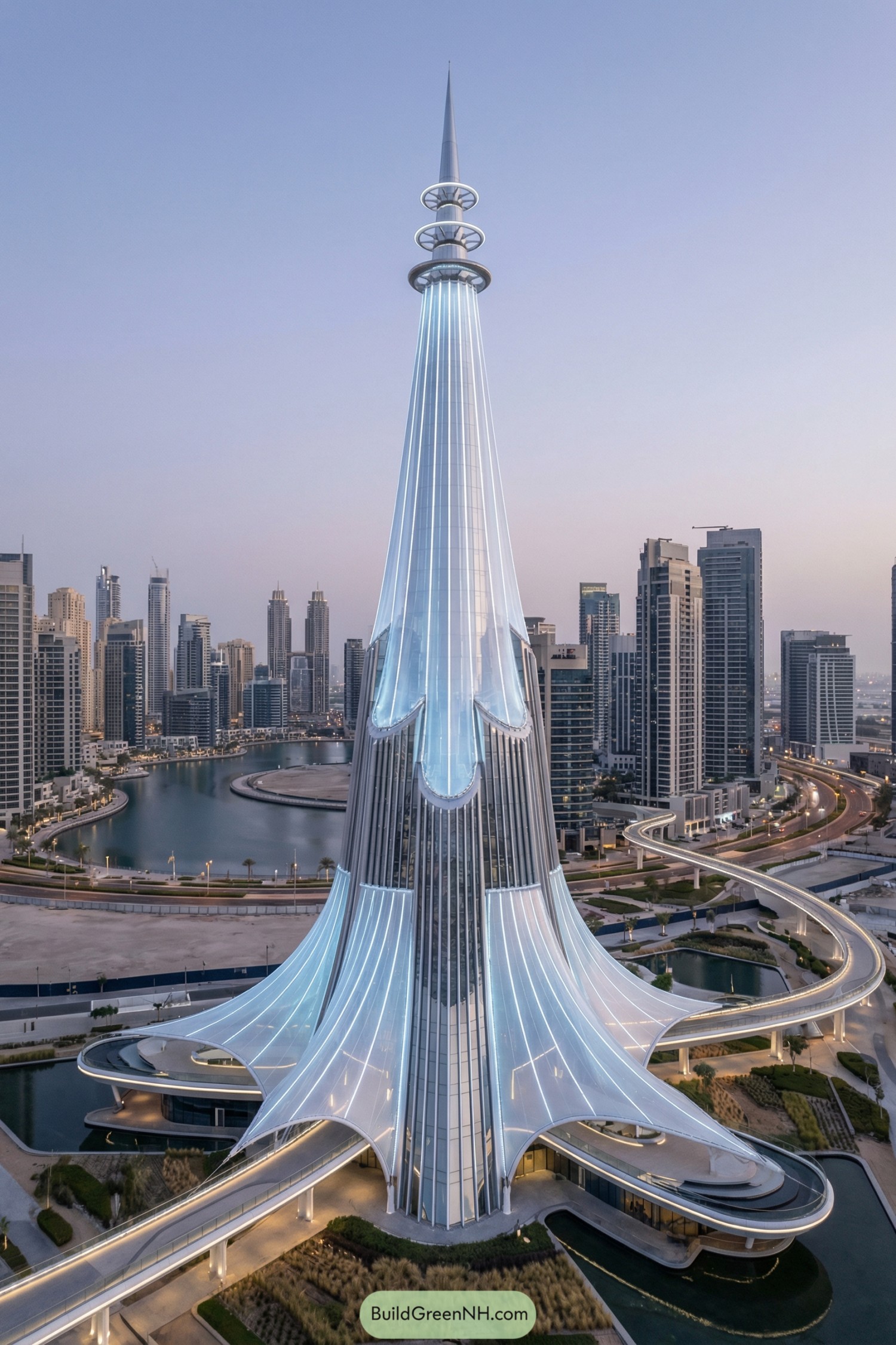 Futuristic glowing tower with sweeping bridge base