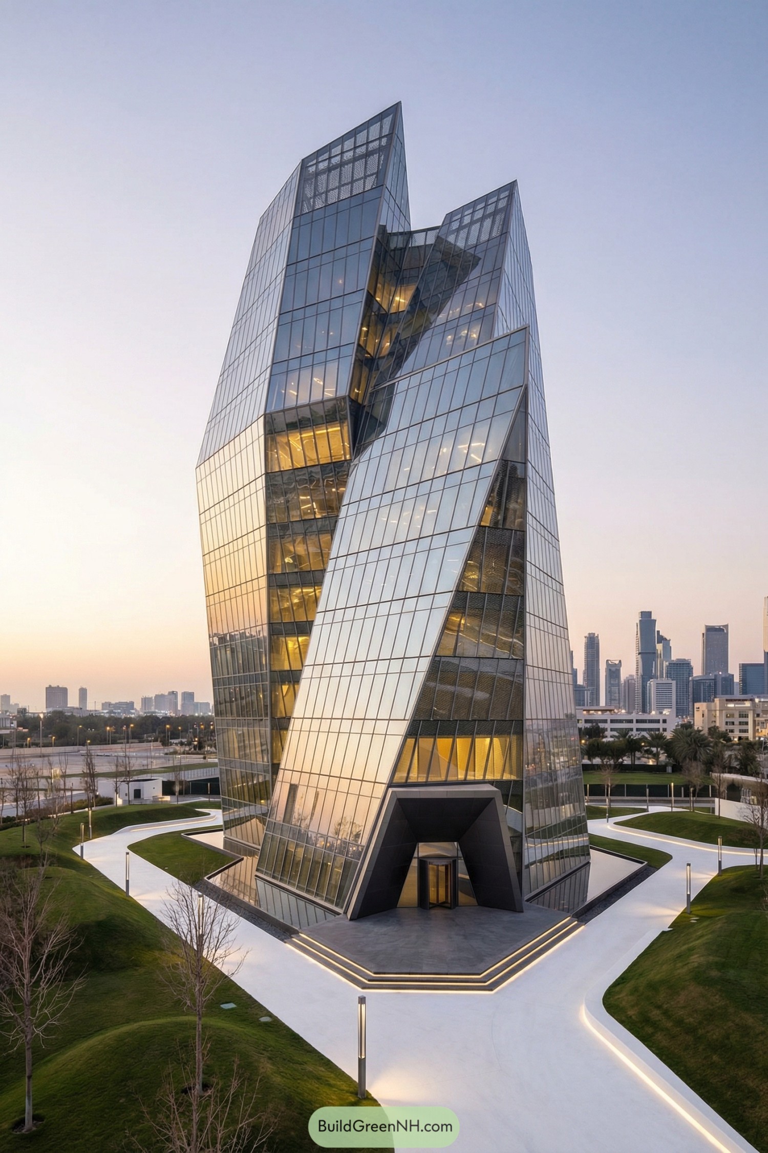 Faceted glass skyscraper with twisted forms