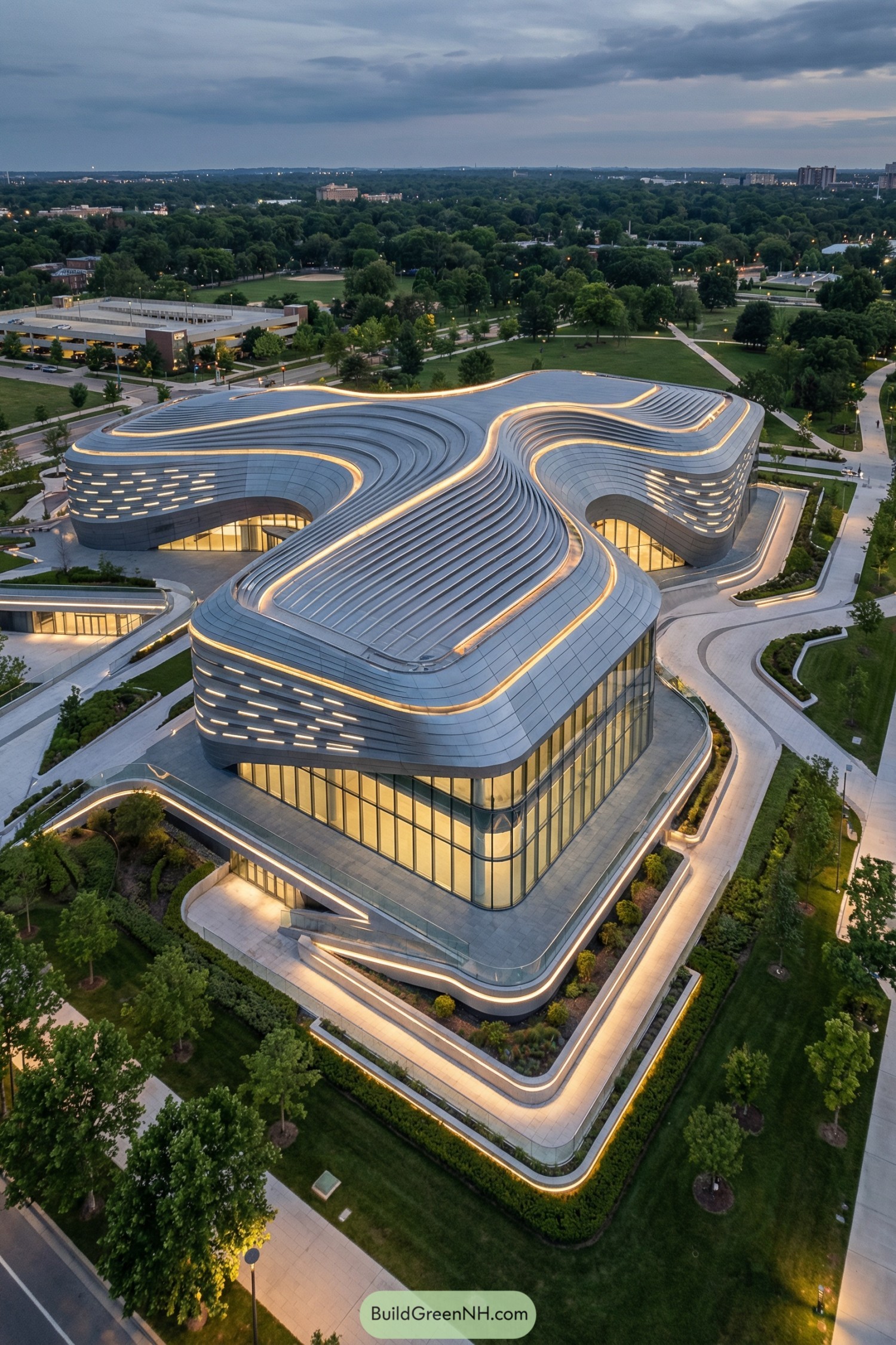Futuristic low-rise building with flowing metallic forms and continuous LED accent lighting, set within a landscaped campus