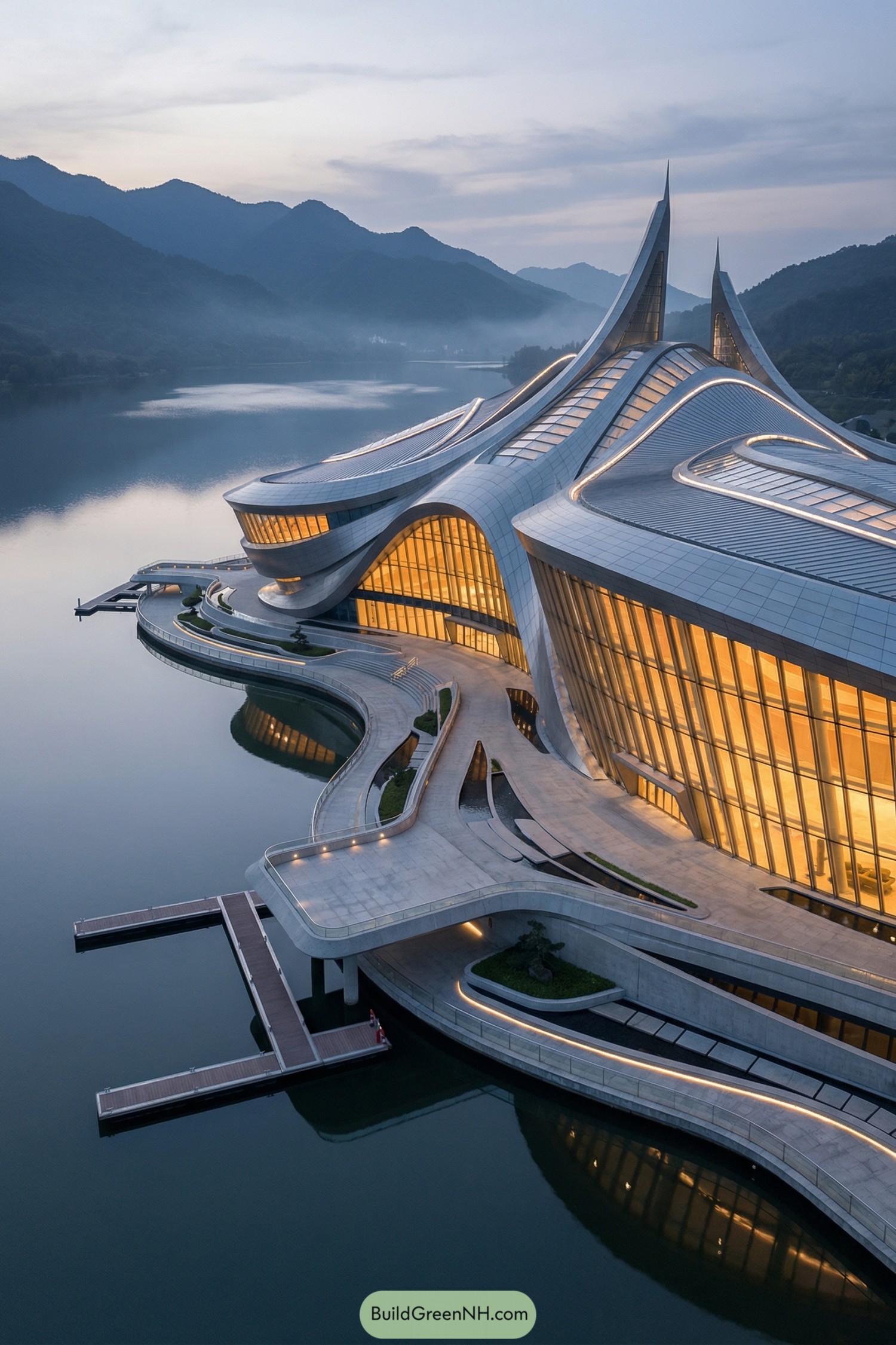 Futuristic waterfront complex with sweeping curved roofs