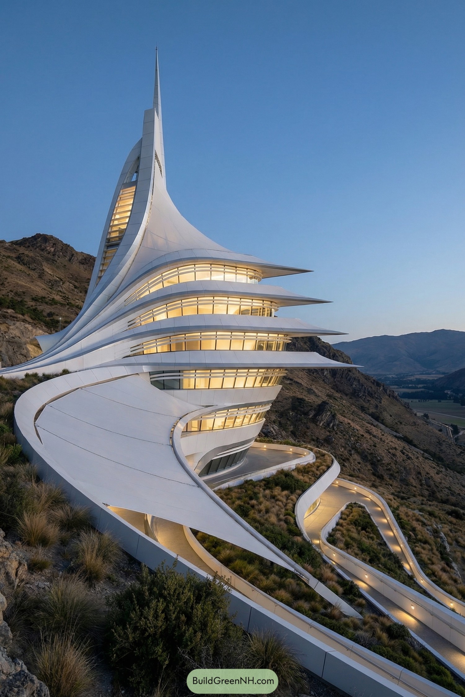 Futuristic white tower spiraling along a mountainside at dusk