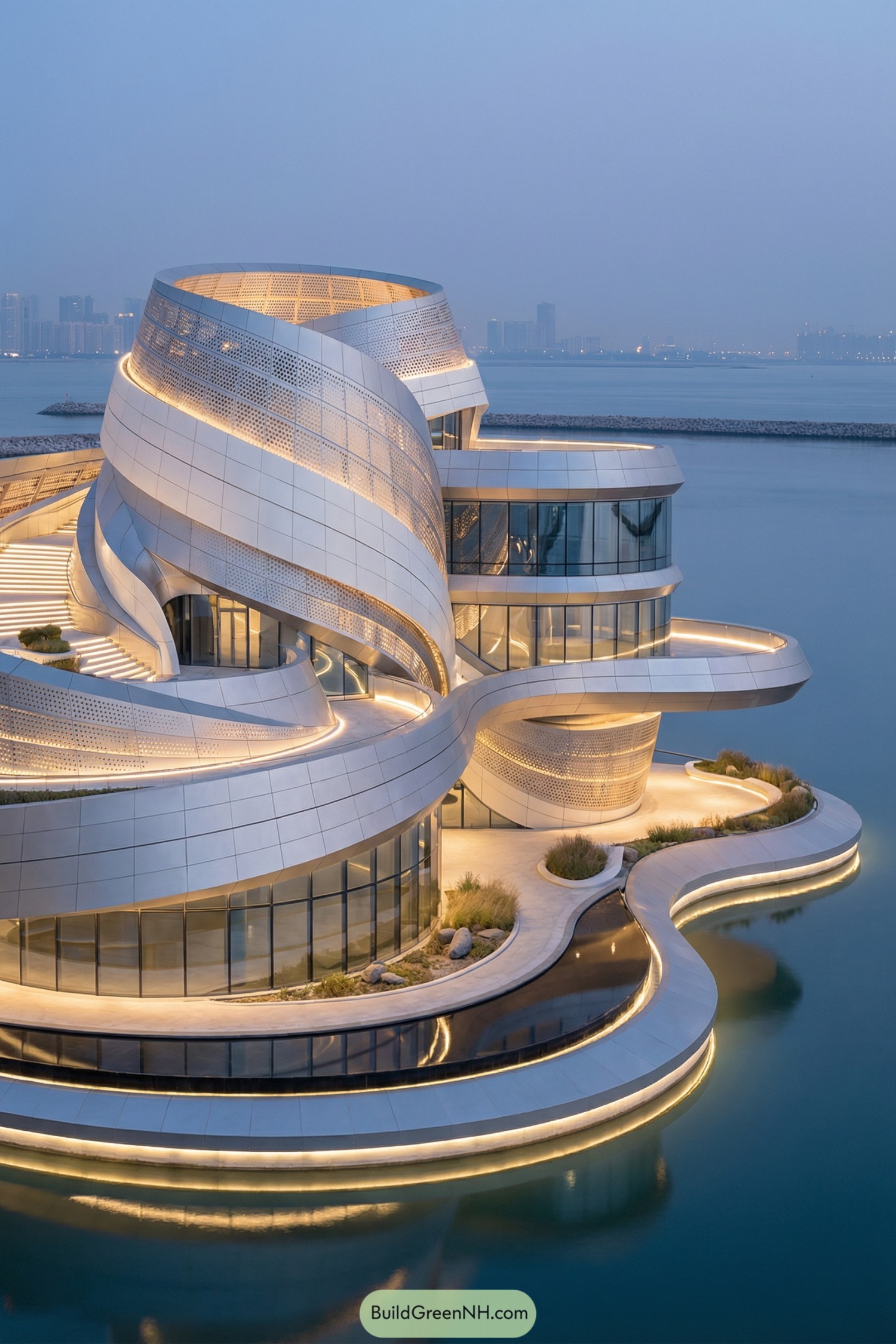 Futuristic waterfront building with spiraling ribbons