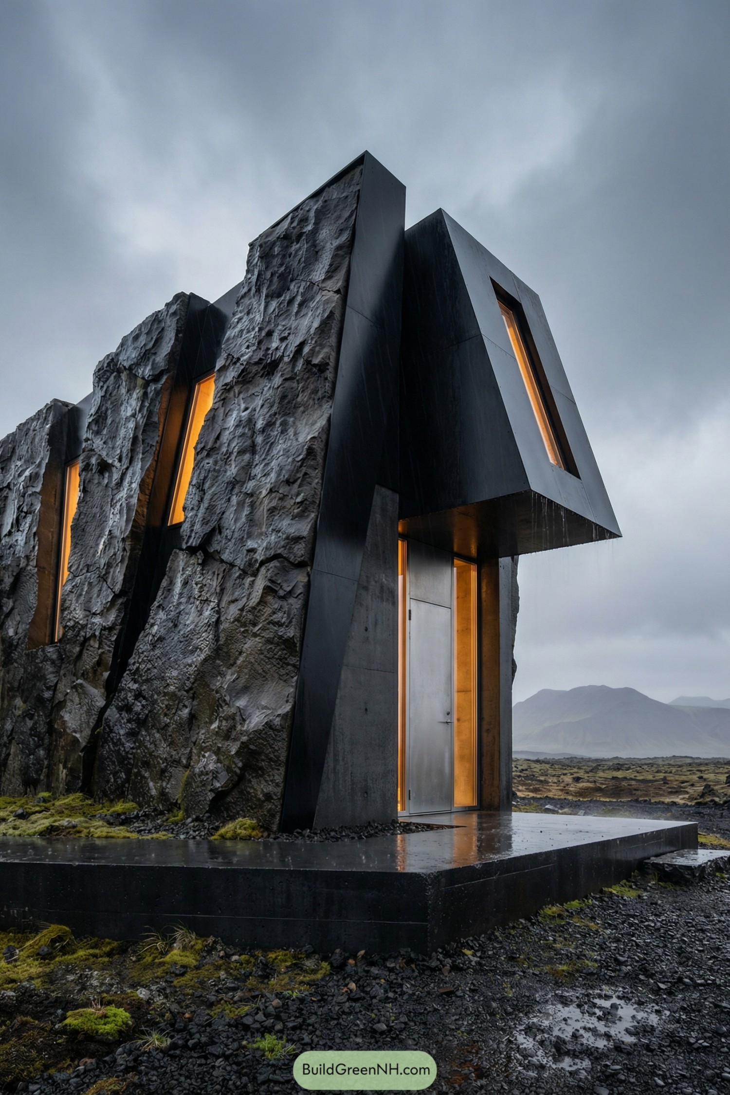 Dark rock-clad modern cabin in rainy volcanic landscape