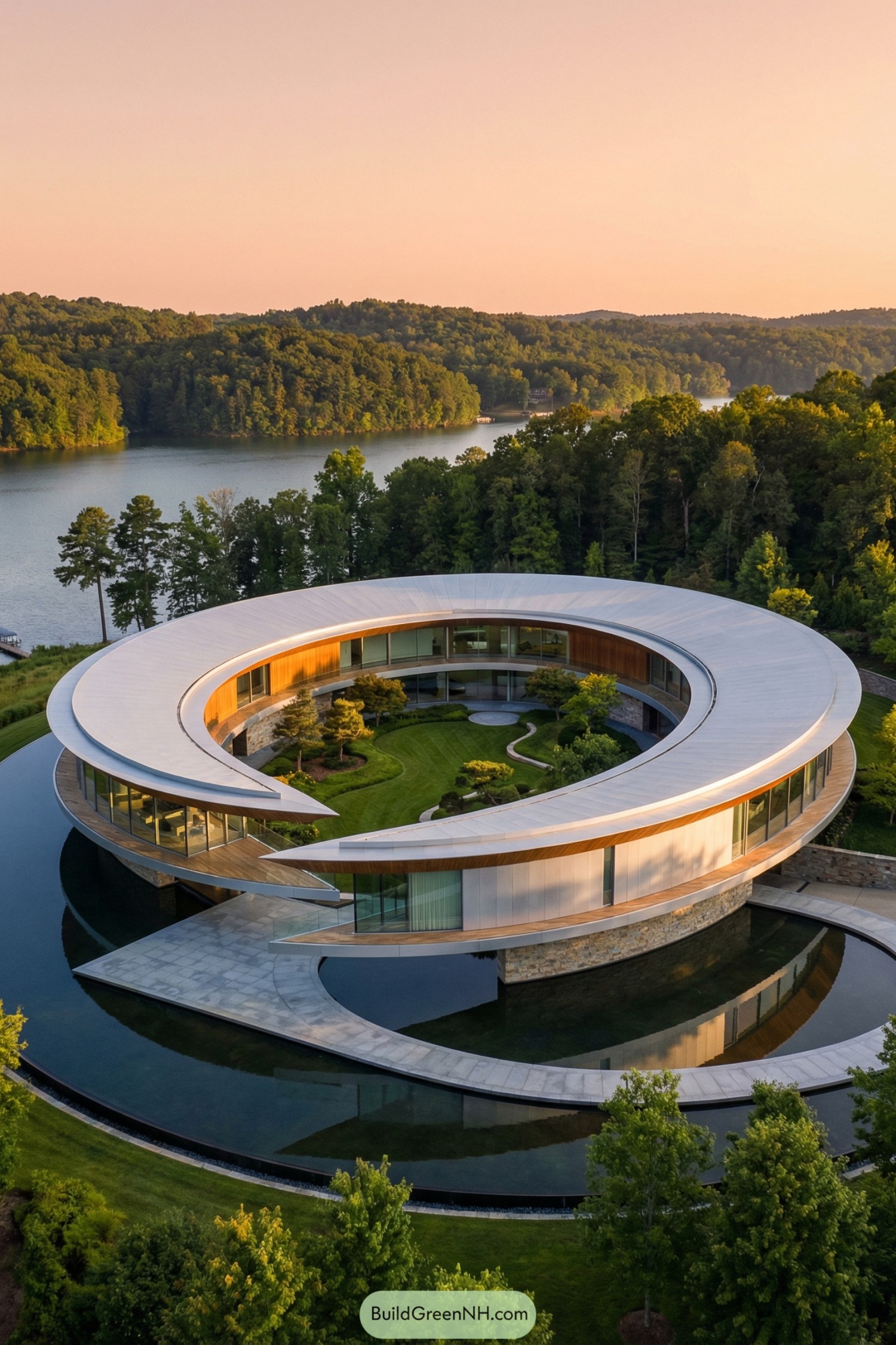 Circular modern home floating above reflective water with open lawn courtyard and surrounding forested lake