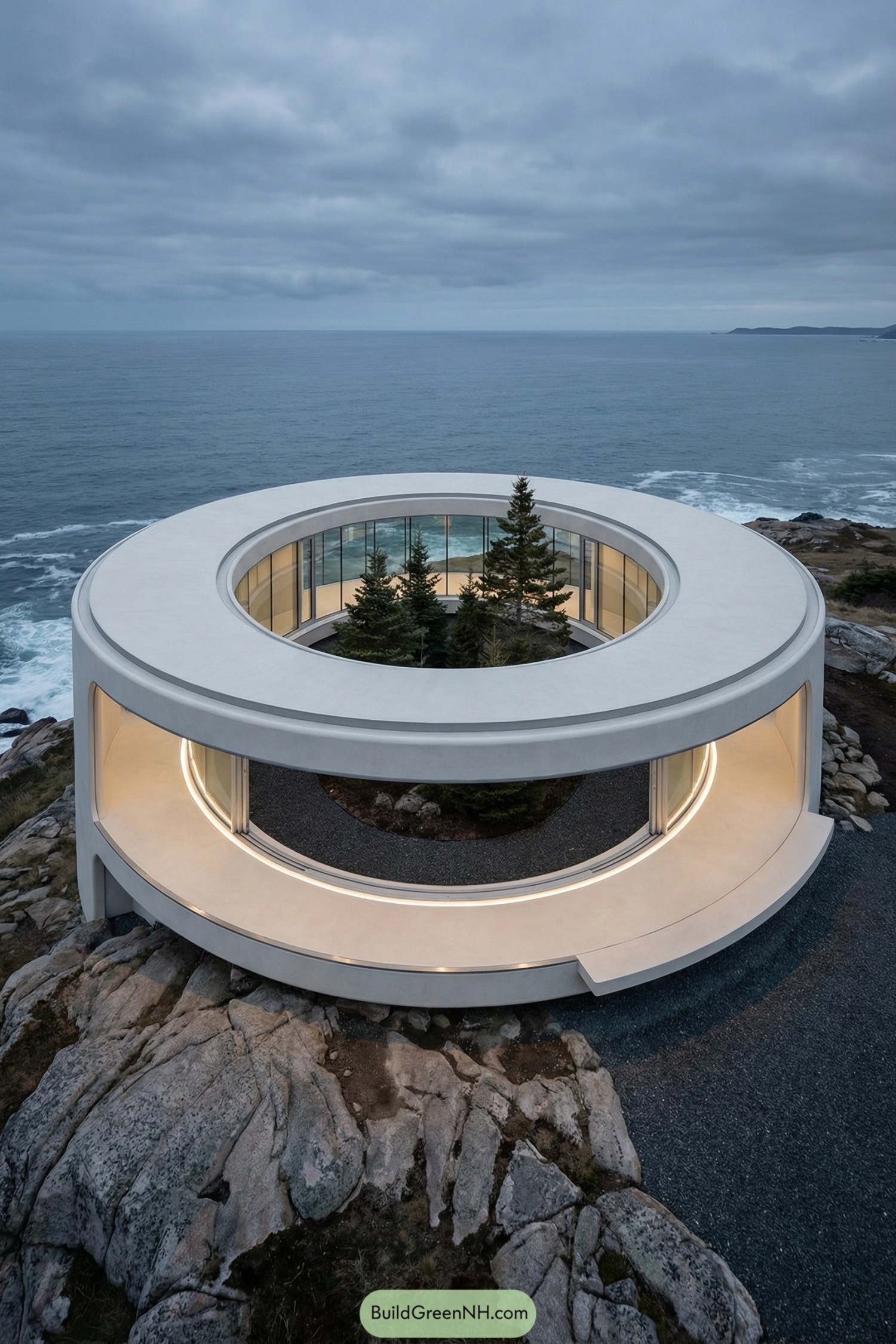Circular cliffside house with central tree courtyard overlooking the ocean