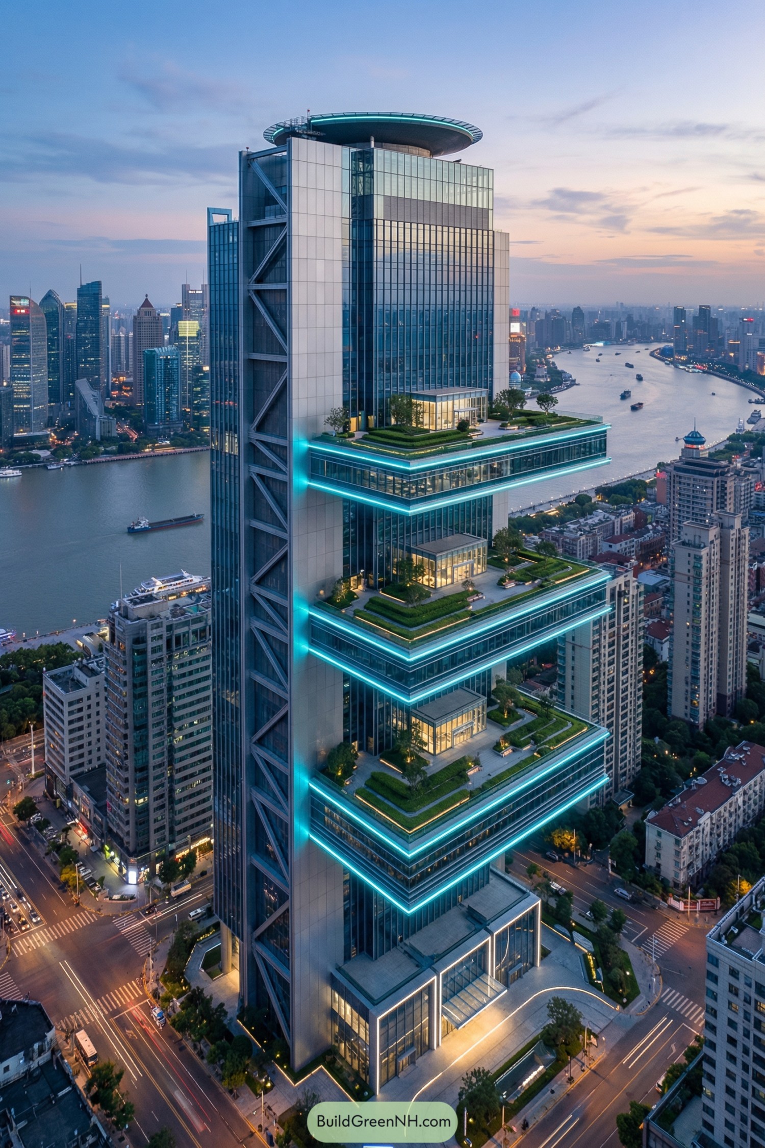Futuristic skyscraper with glowing stacked sky terraces and rooftop gardens above a riverside city