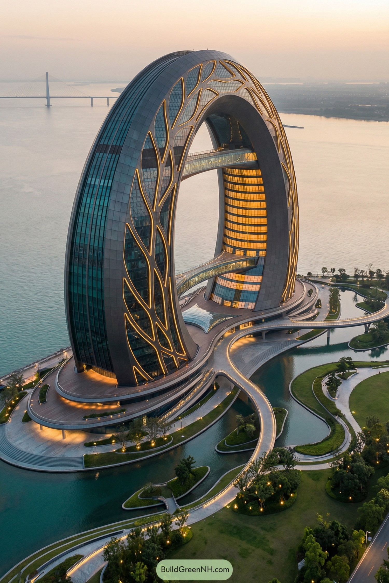 high-res photo of futuristic high tech architecture, sweeping crescent-shaped tower with hollow inner curve and tapered needle tip; facade: seamless dark metal skin with luminous filigree light inlays tracing organic patterns; colors: graphite black, gunmetal gray, warm amber interior glow, subtle teal reflections; shape: monumental arc rising from ground, sculpted aerodynamic edges, cantilevered inner terraces; materials: matte titanium panels, carbon-fiber composites, structural glass ribs, integrated LED lines; roof style: razor-thin aerodynamic crest, concealed parapets, continuous metal shell; windows style: full-height curved glazing bands along inner curve, vertical fins, transparent skybridges; door style: recessed glazed portals at base with frameless glass and minimal metal trims; outdoor area: elevated promenades under the arc, reflecting channels, tiered decks with linear lighting, sinuous pedestrian bridges; landscaping: manicured lawns, sculpted isles, meandering water features, clustered trees, uplighting along pathways; surrounding background: coastal peninsula, broad river or strait, distant suspension bridge, low hills; setting and scene: aerial view at dusk, soft haze, warm horizon, pathway lights accentuating curves. high-resolution, architectural photography, soft lighting, cinematic composition.