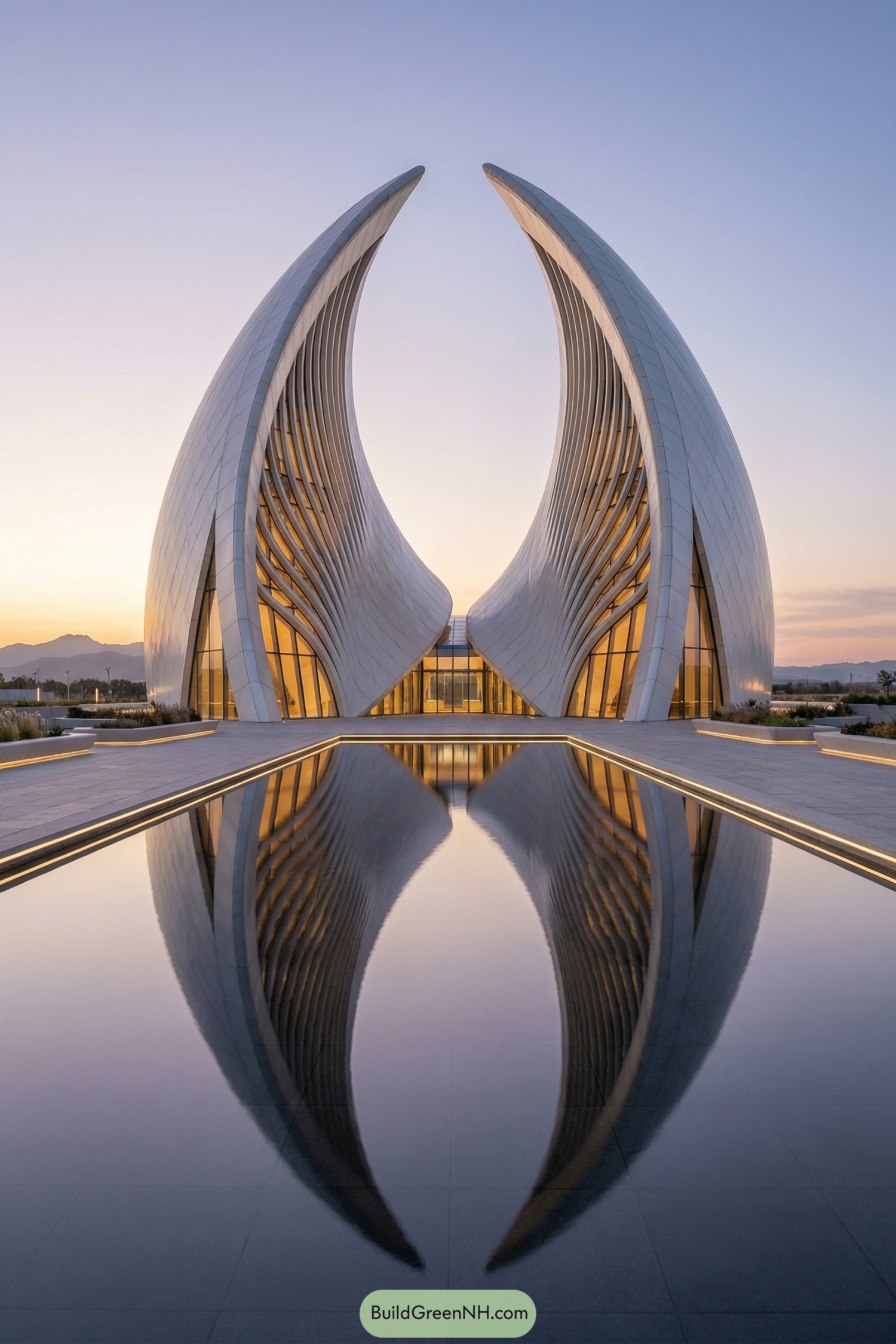Sweeping twin-arched futuristic building mirrored in water at sunset
