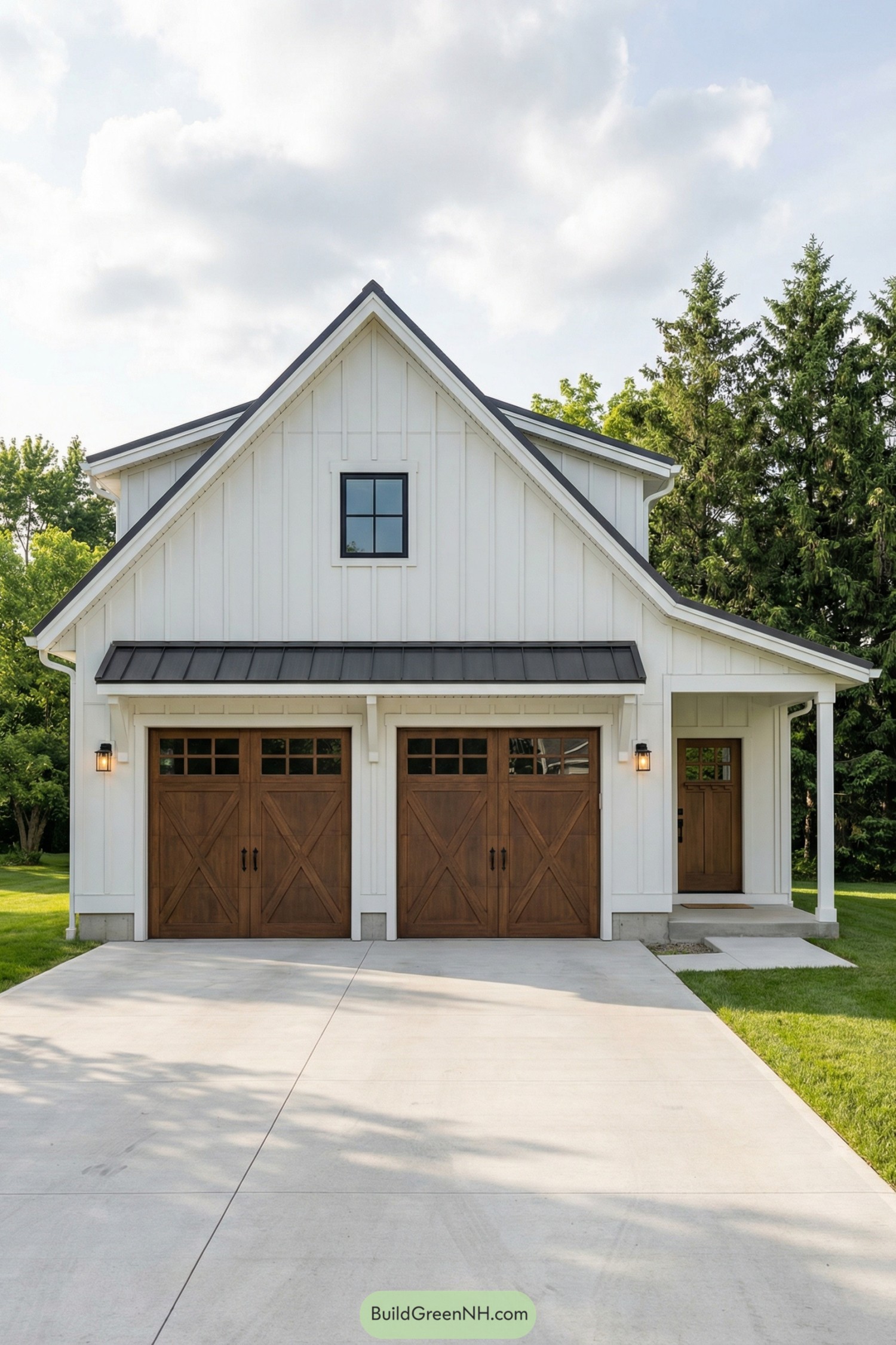 White board-and-batten two-car garage with wood doors and side entry porch