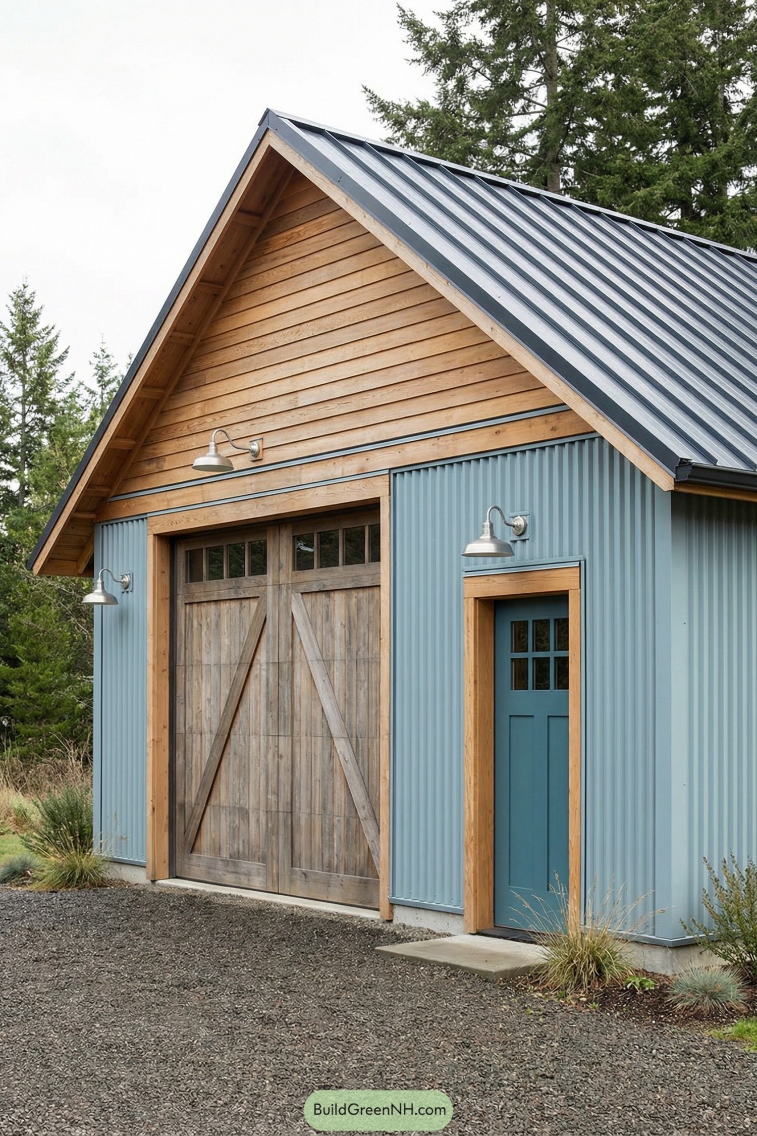 high-res photo of Garage House, compact modern-farmhouse facade with simple gabled front, clean lines and rustic-industrial detailing; muted light-blue corrugated metal cladding on the lower walls contrasted with warm natural wood siding in the upper gable and around openings; rectangular single-story volume with steep front-facing gable roof and slightly extended eaves; facade materials include vertically ribbed metal panels, horizontal timber boards, and exposed wood framing; dark standing-seam metal roofing with crisp edges and minimal overhang; large double sliding garage doors in weathered vertical wood planks with diagonal brace patterns and narrow horizontal clerestory glass panels at the top; side entry door in solid wood with teal-blue paint and a small multi-pane square window, framed by natural timber trim; industrial gooseneck wall sconces in brushed metal mounted above the side door and garage doors; ground plane covered in compact dark gravel forming a neat apron around the building, no visible paving, simple concrete foundation edge; sparse low planting at the building’s base, with subtle greenery at the sides; background of tall evergreen trees against a bright overcast sky, suggesting a quiet rural or edge-of-forest setting; overall scene calm, crisp, and picture-worthy with soft natural daylight and clear frontal view of the facade. real-life photo, high-resolution, architectural photography, soft lighting, cinematic composition.