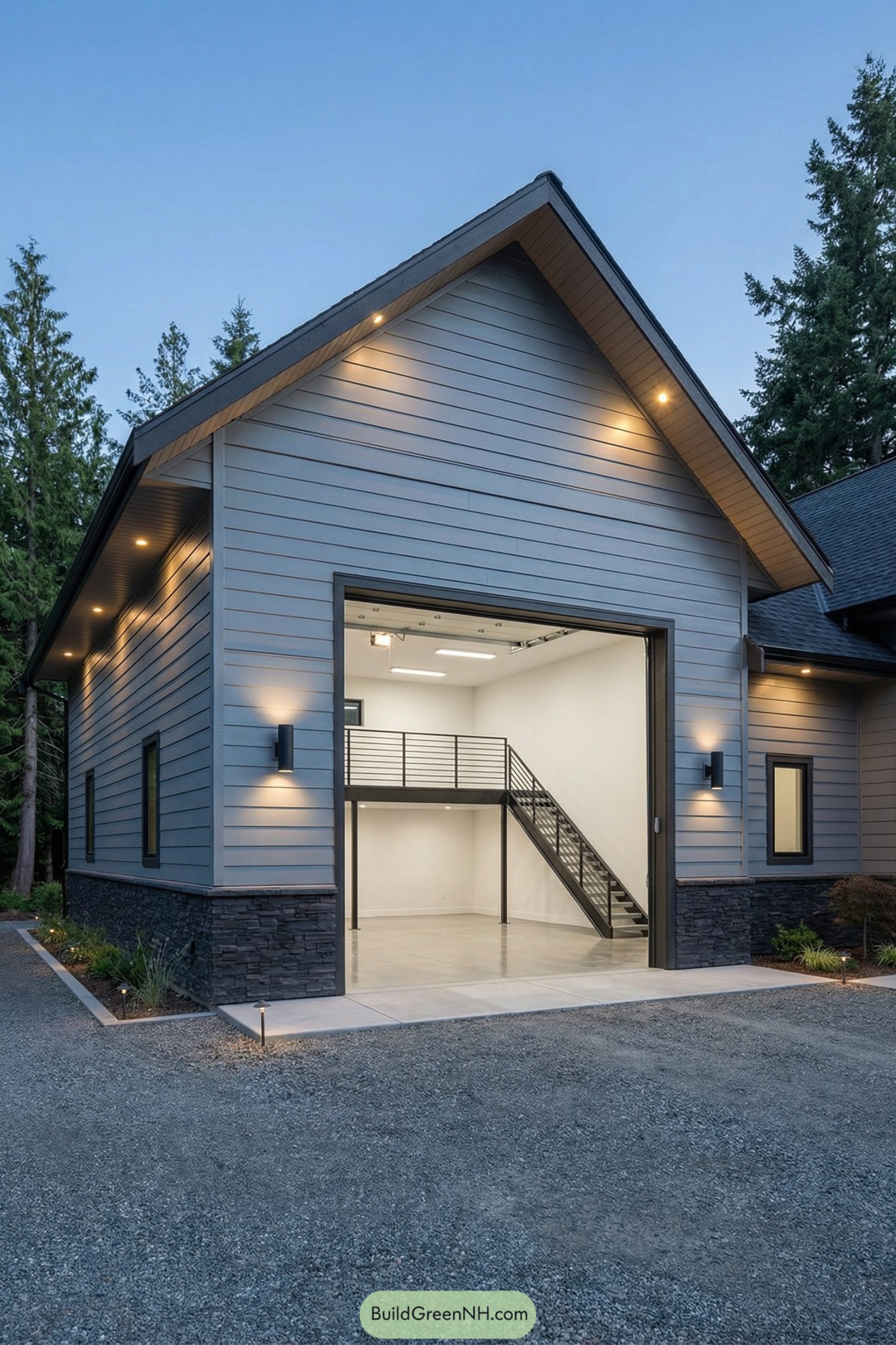 Two-story gray garage with open bay door and interior loft
