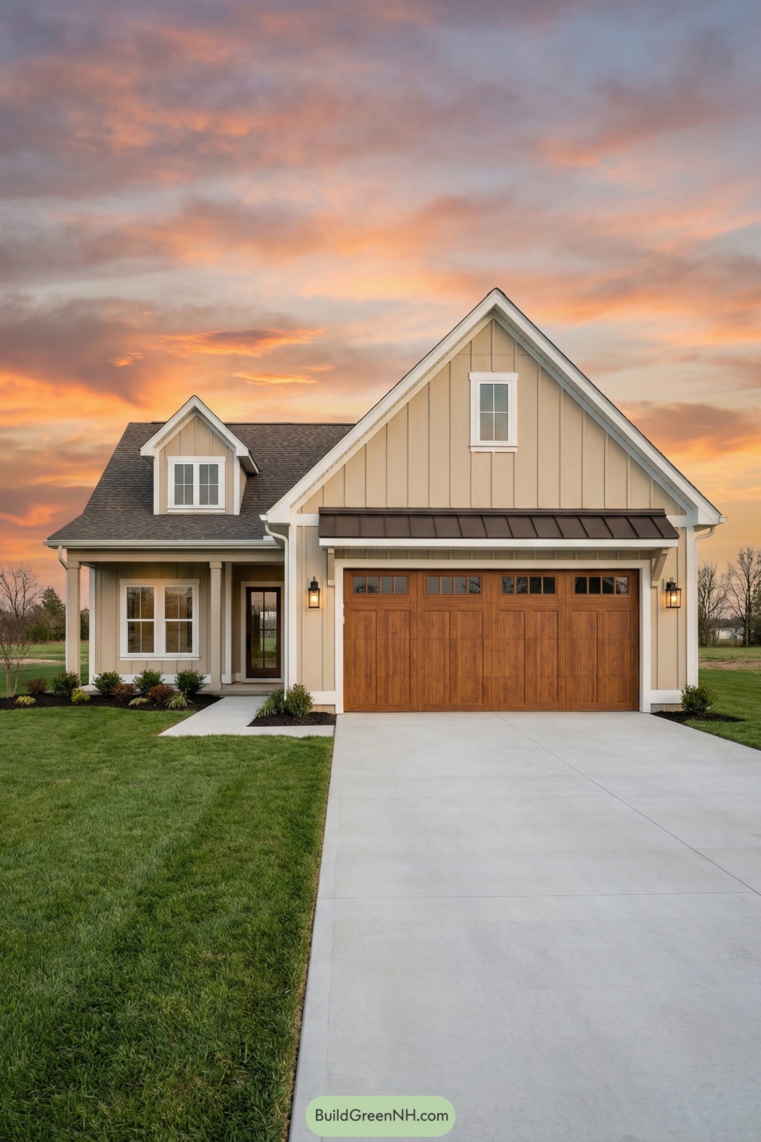 Beige board-and-batten cottage with wood garage door and front porch at sunset