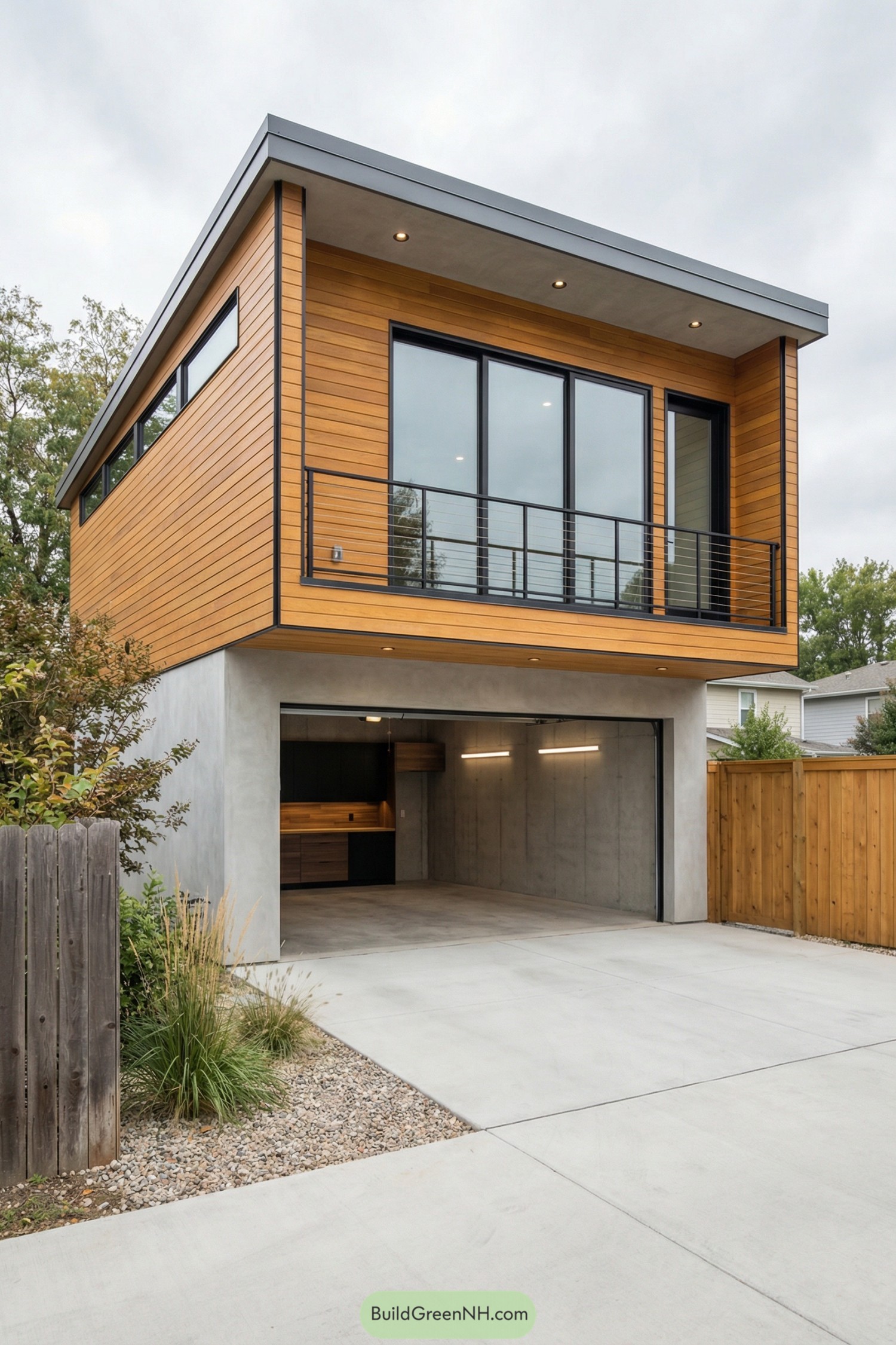 Two-story modern garage with wood-clad upper level and concrete base