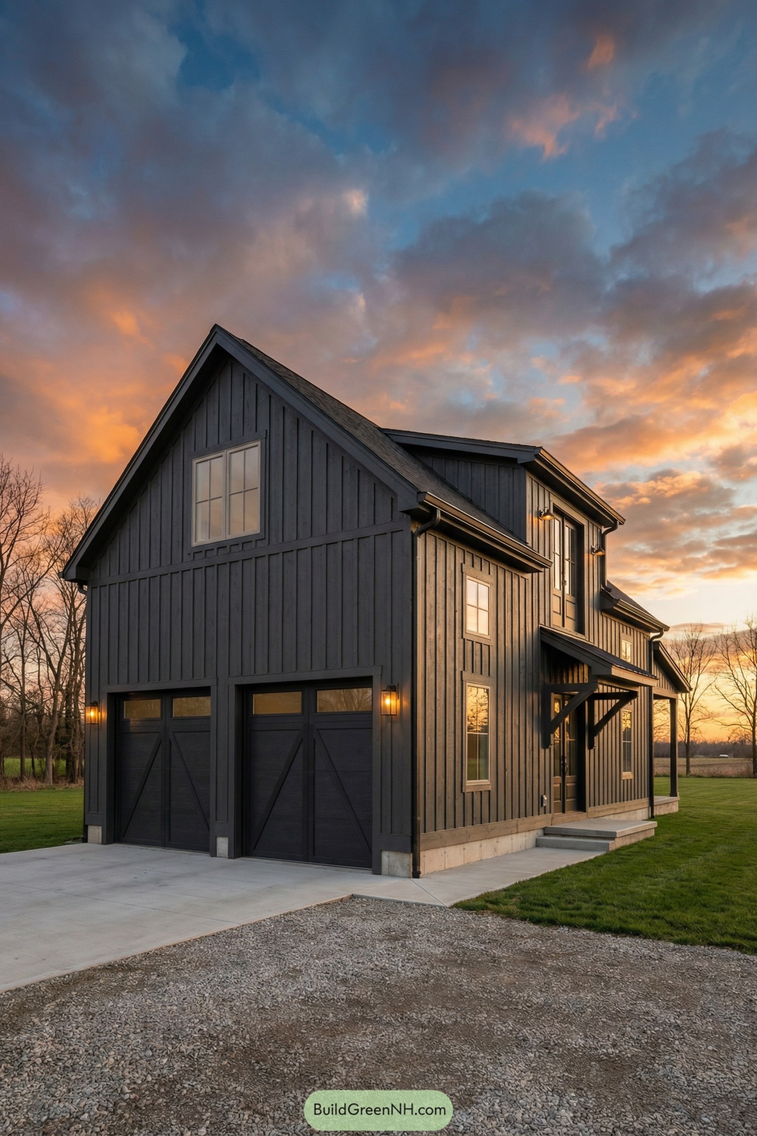 Dark modern barn-style garage house at sunset